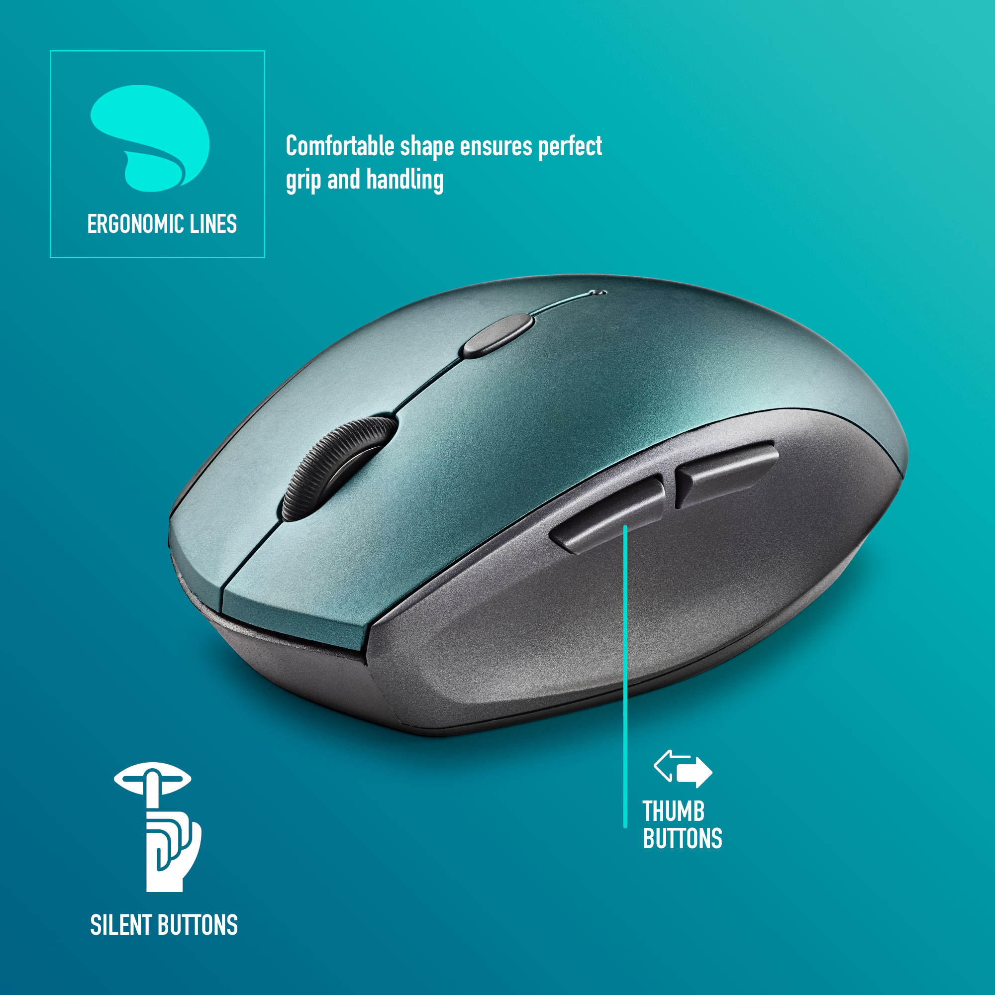 Mouse ergonomico blu e grigio con pulsanti, etichette di testo per linee ergonomiche e pulsanti.
