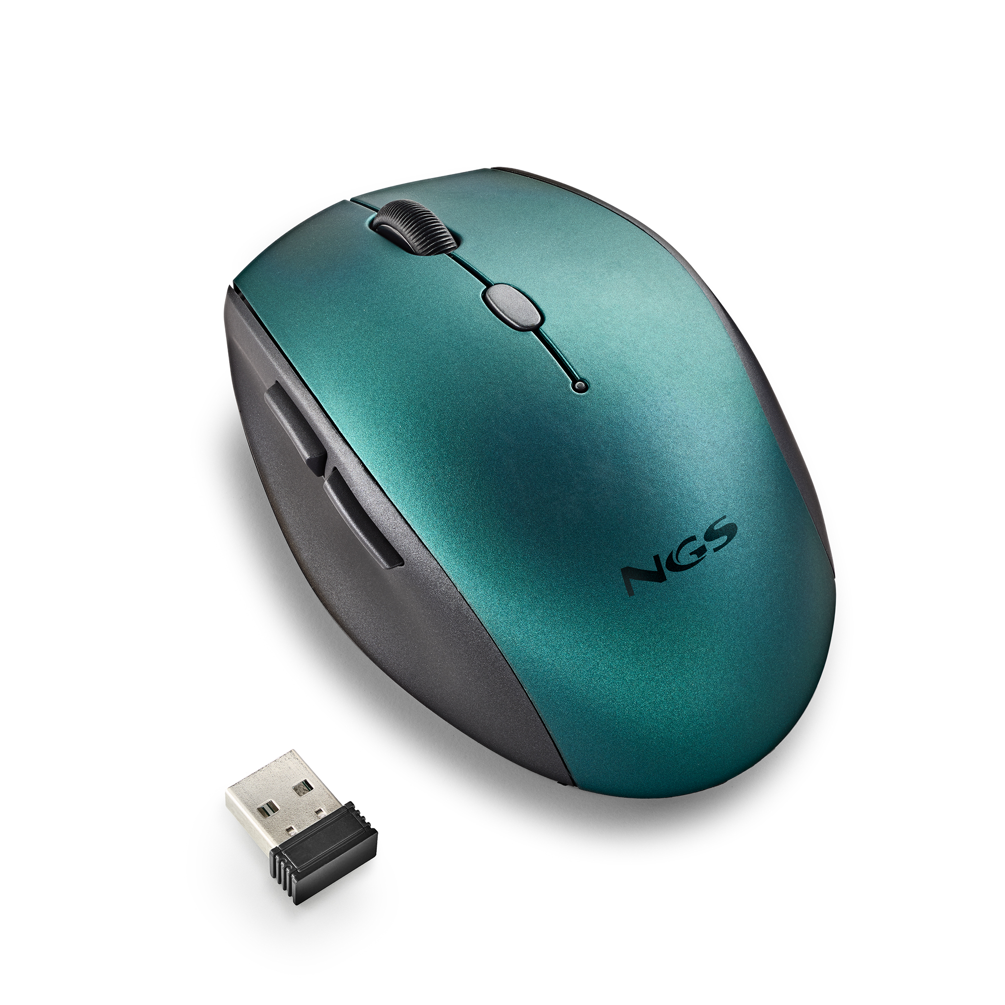 Mouse per computer verde e nero con logo NGS e ricevitore USB su sfondo bianco.