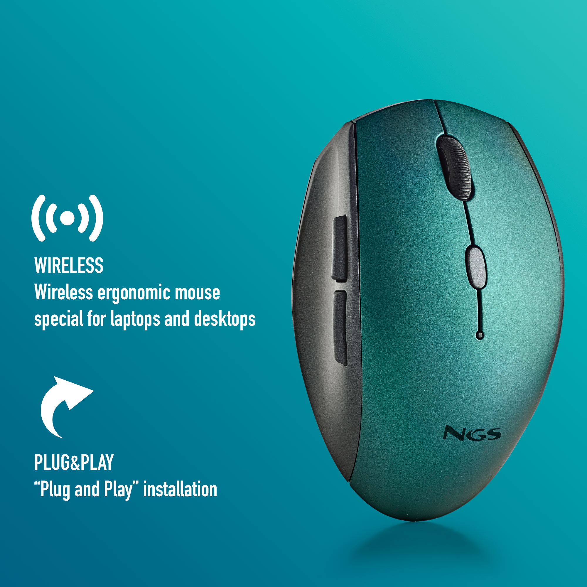 Mouse ergonomico wireless, verde acqua e grigio. Testo: Plug & Play, per laptop e desktop.