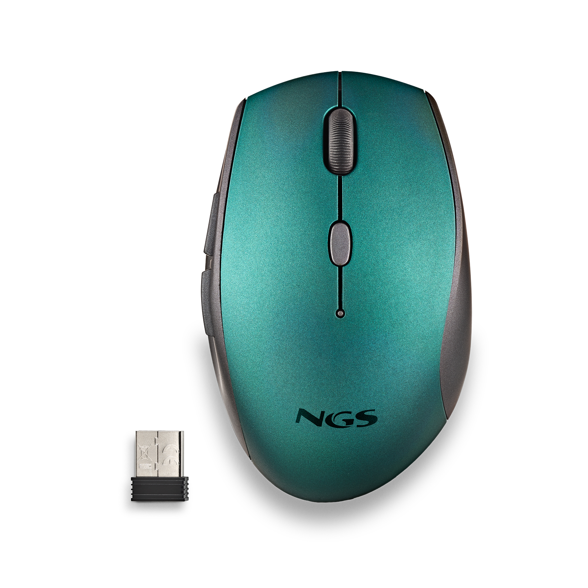 Mouse per computer verde e nero con ricevitore USB. Il mouse ha pulsanti e una rotella di scorrimento. È su uno sfondo bianco.
