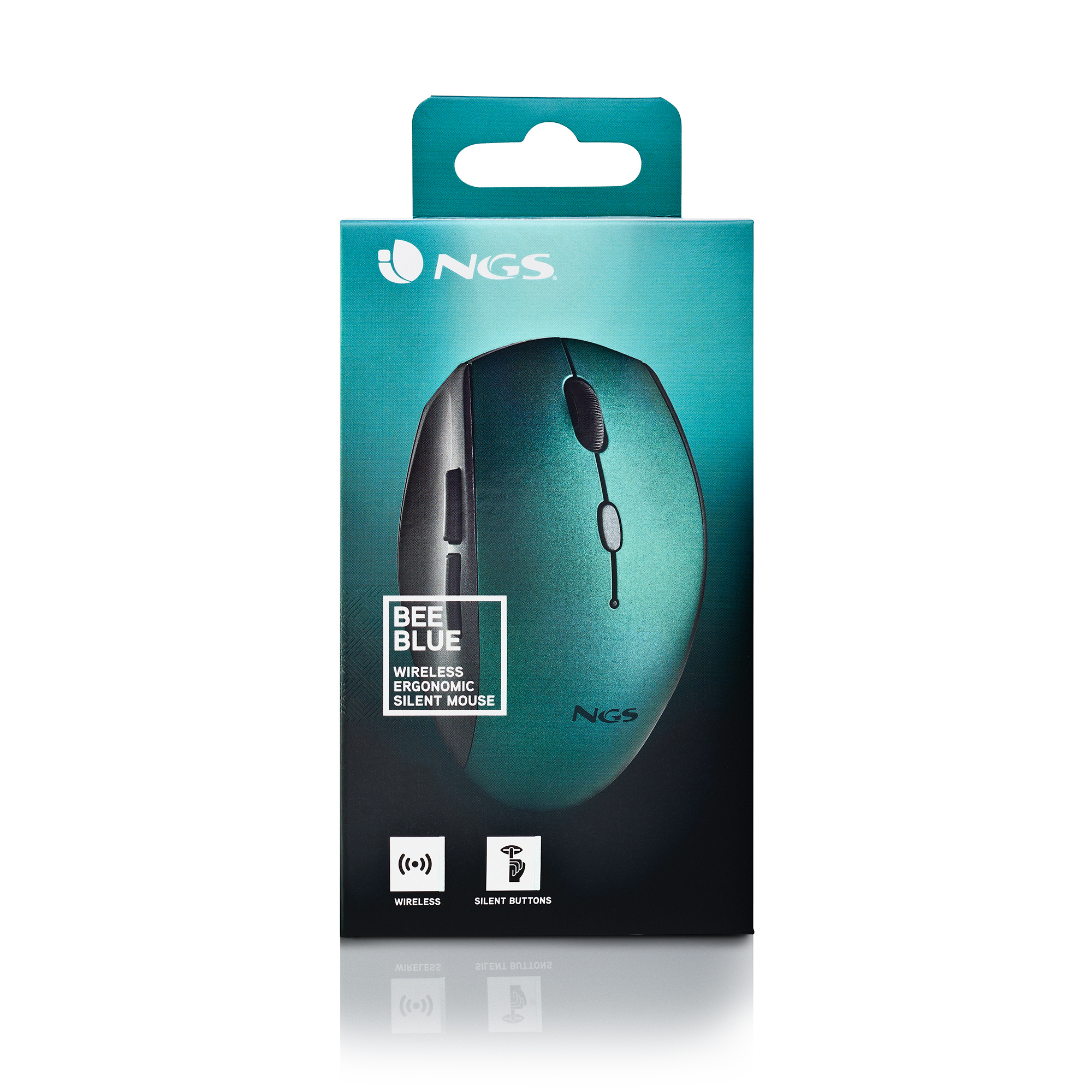 Un mouse wireless turchese in una scatola con il marchio NGS. Il mouse è blu.