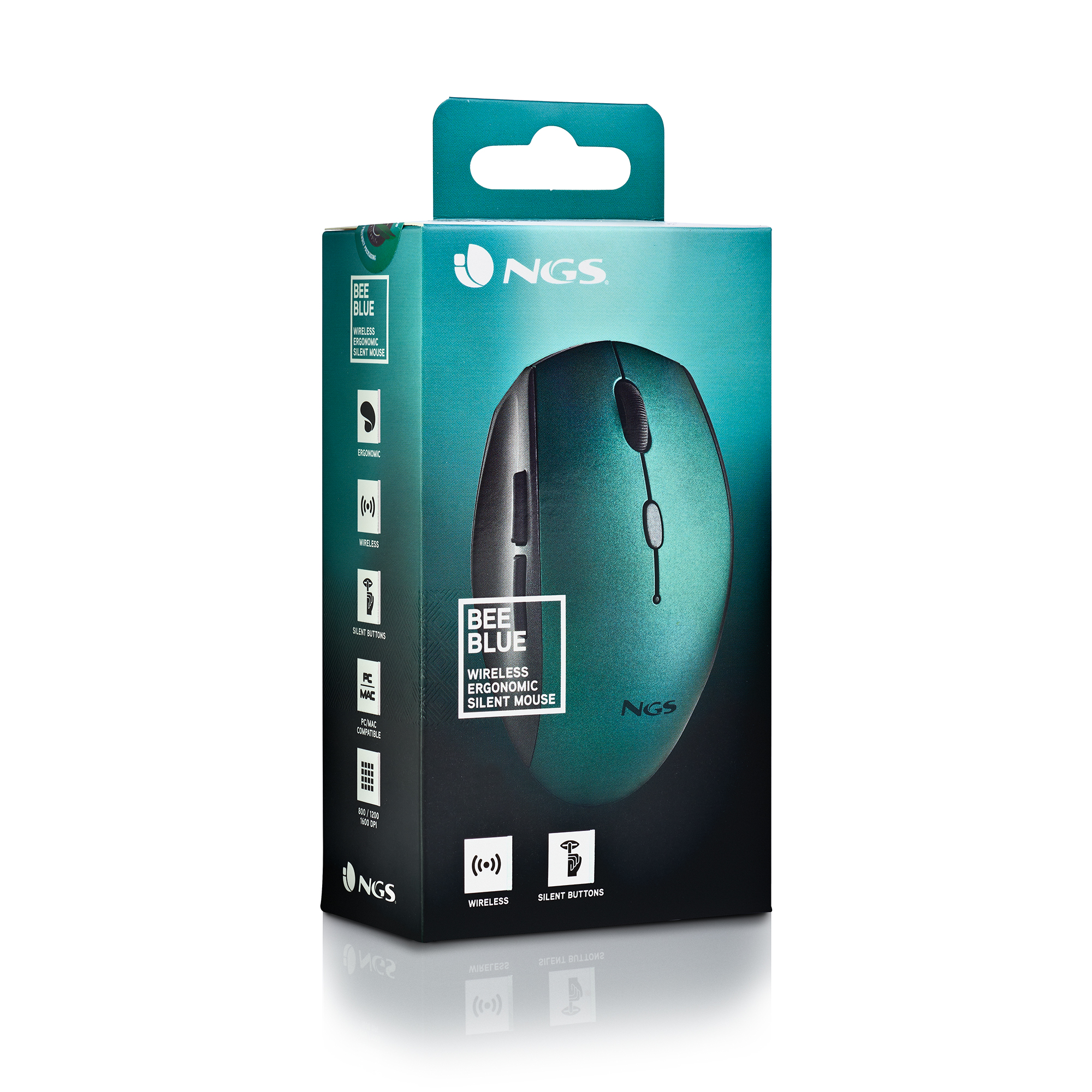 Mouse wireless color turchese in una scatola, con etichette 'Bee Blue' e 'NGS'.