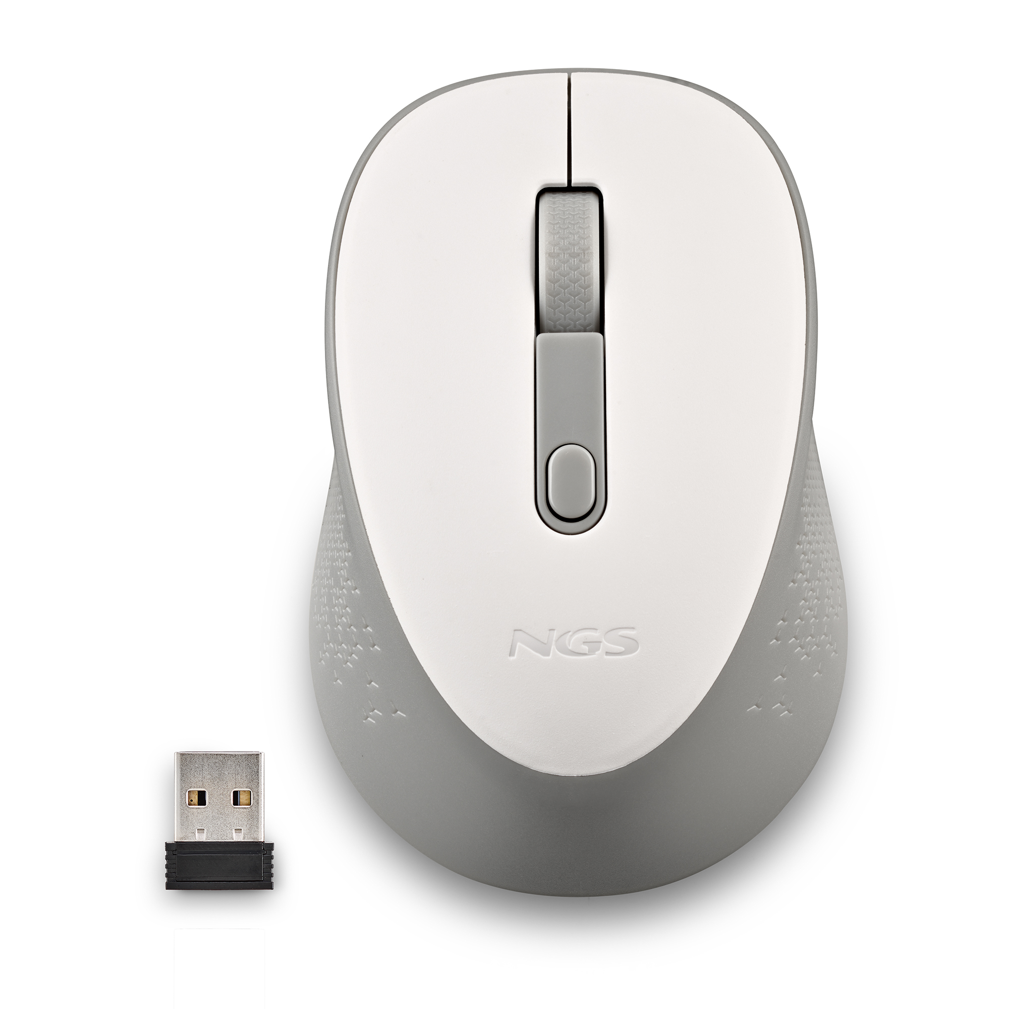 Ratón de ordenador blanco y gris con un pequeño receptor USB. Cuenta con rueda de desplazamiento y botones.