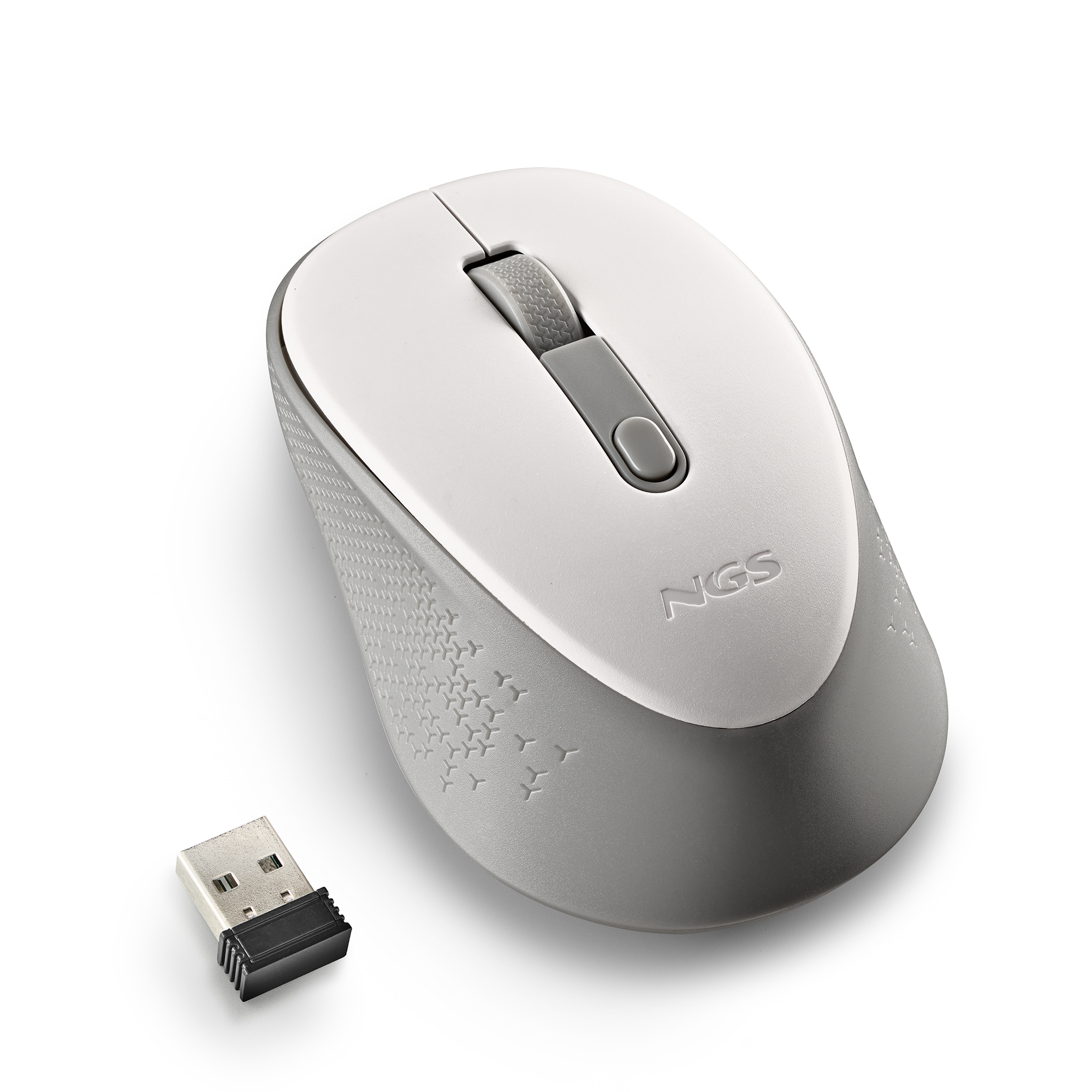 Ratón inalámbrico blanco y gris con receptor USB. El ratón tiene una rueda de desplazamiento y logo NGS.