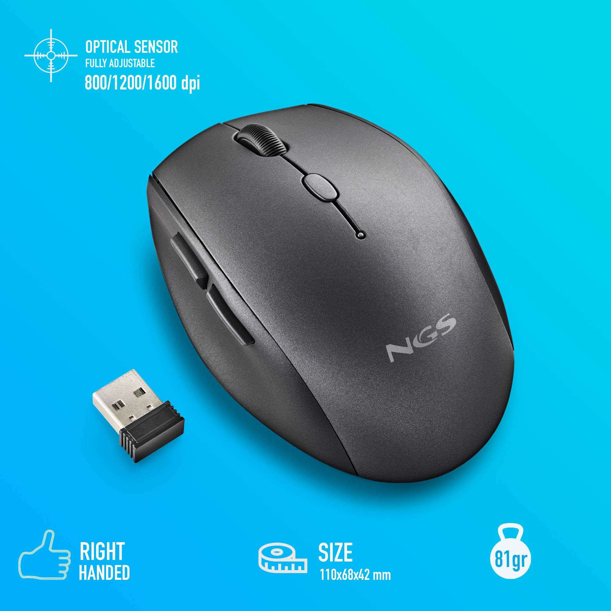 Schwarze kabellose Maus mit kleinem USB-Empfänger und Text zu ihren Spezifikationen.