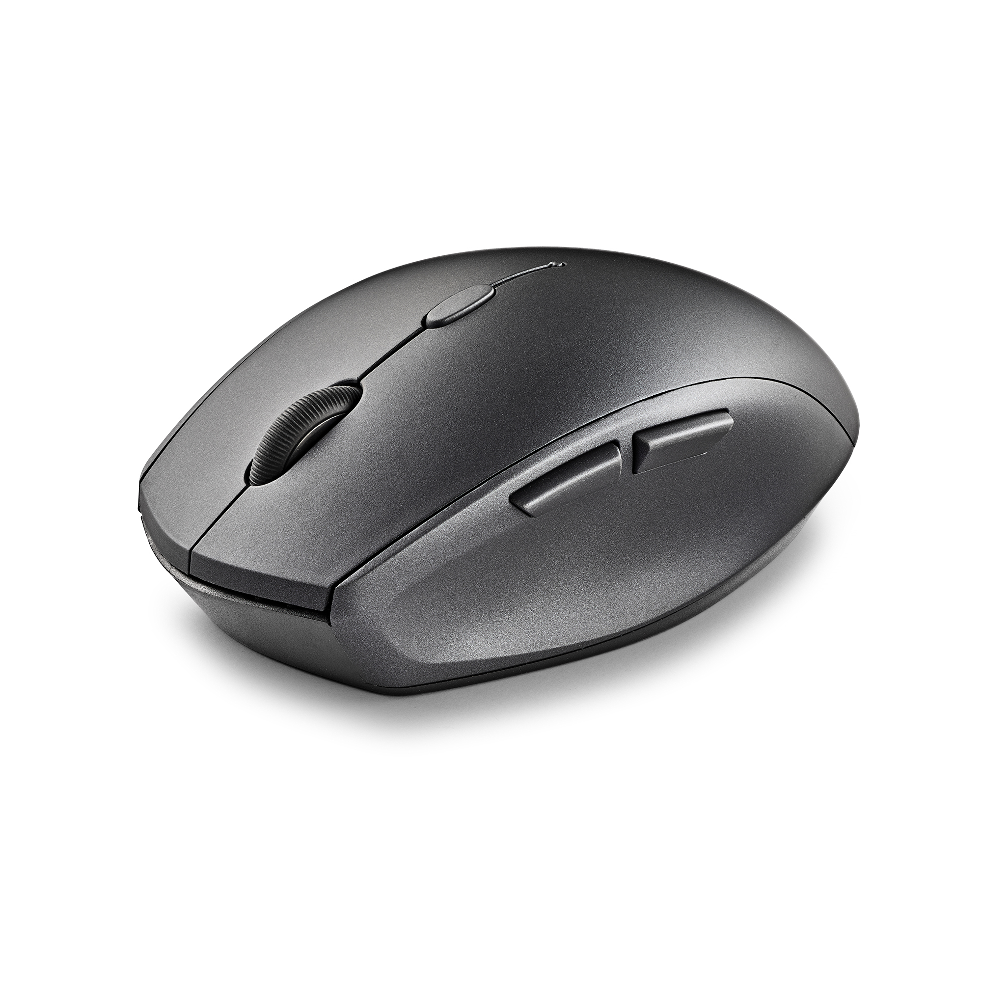 Dunkelgraue ergonomische Maus mit Scrollrad und Seitentasten, isoliert auf weißem Untergrund.