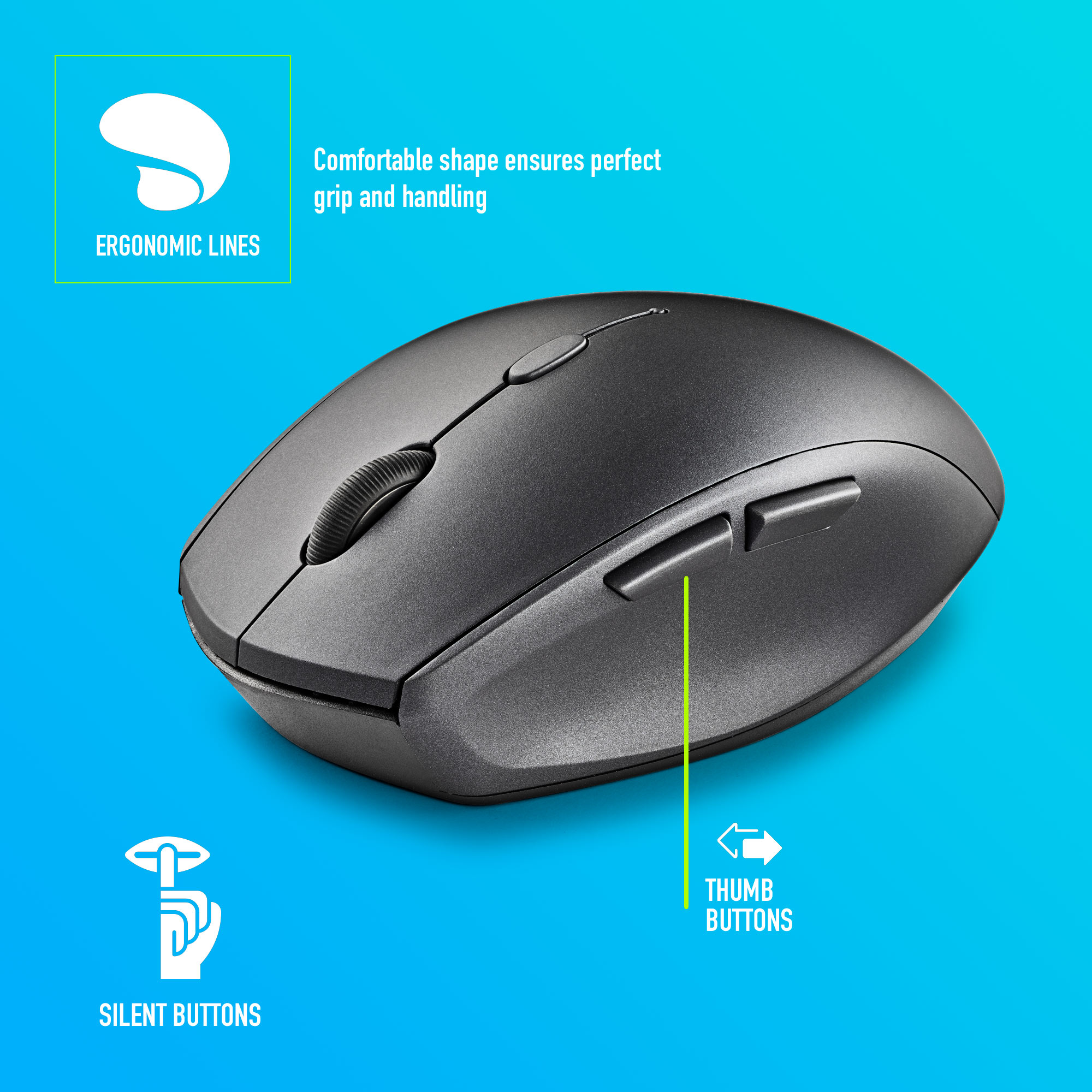 Graue ergonomische Maus mit Daumentasten und einem Scrollrad auf blauem Grund.