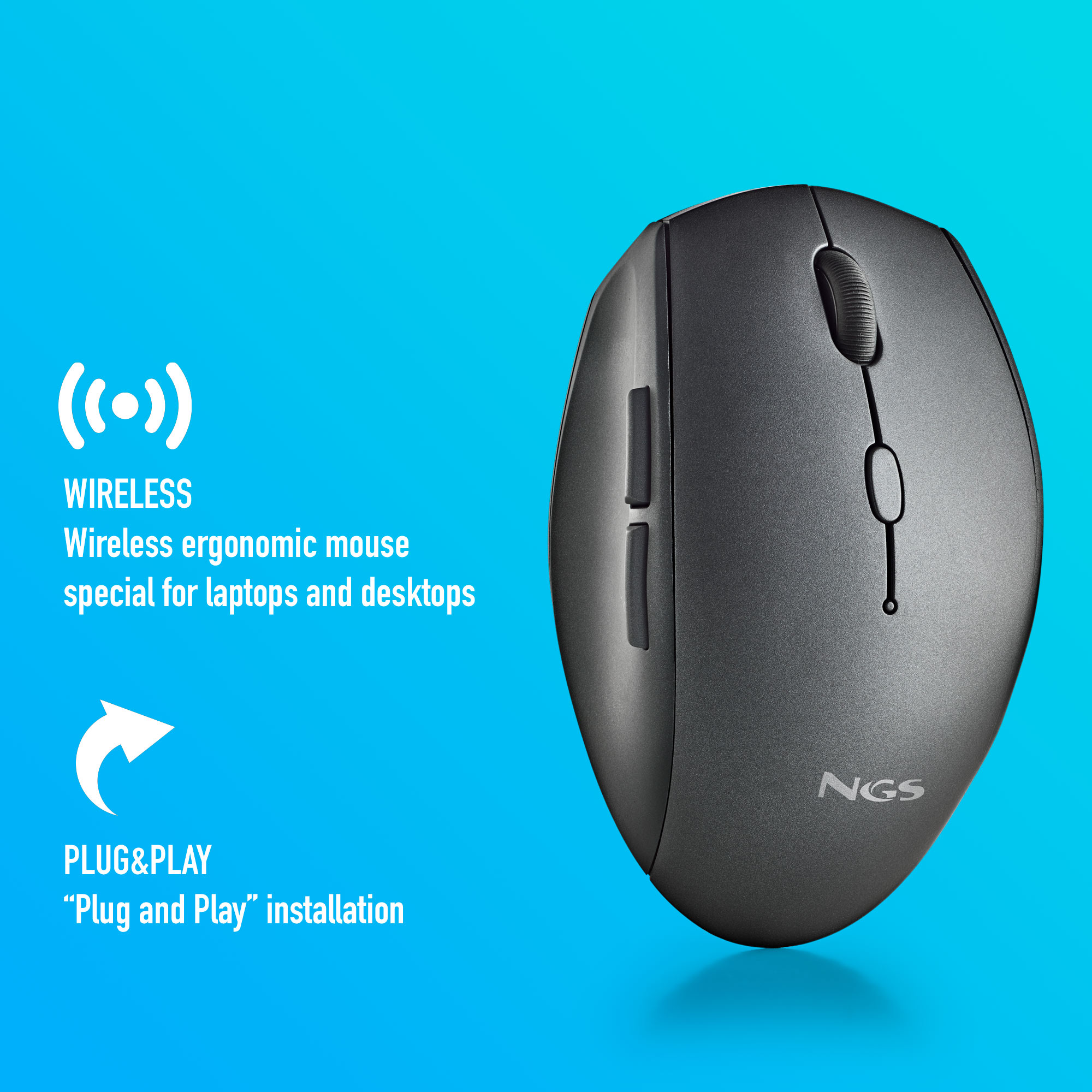 Kabellose ergonomische Maus in Grau, mit blauem Hintergrund und Text.