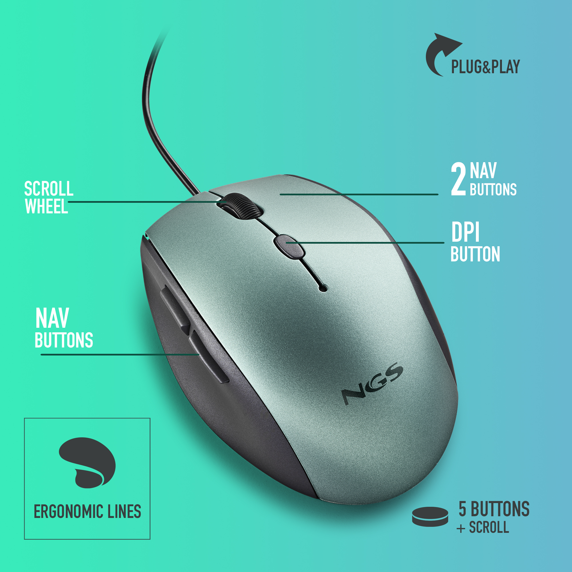 Grüne und schwarze Computermaus mit Scrollrad, Tasten und ergonomischem Design, vor blauem Hintergrund.