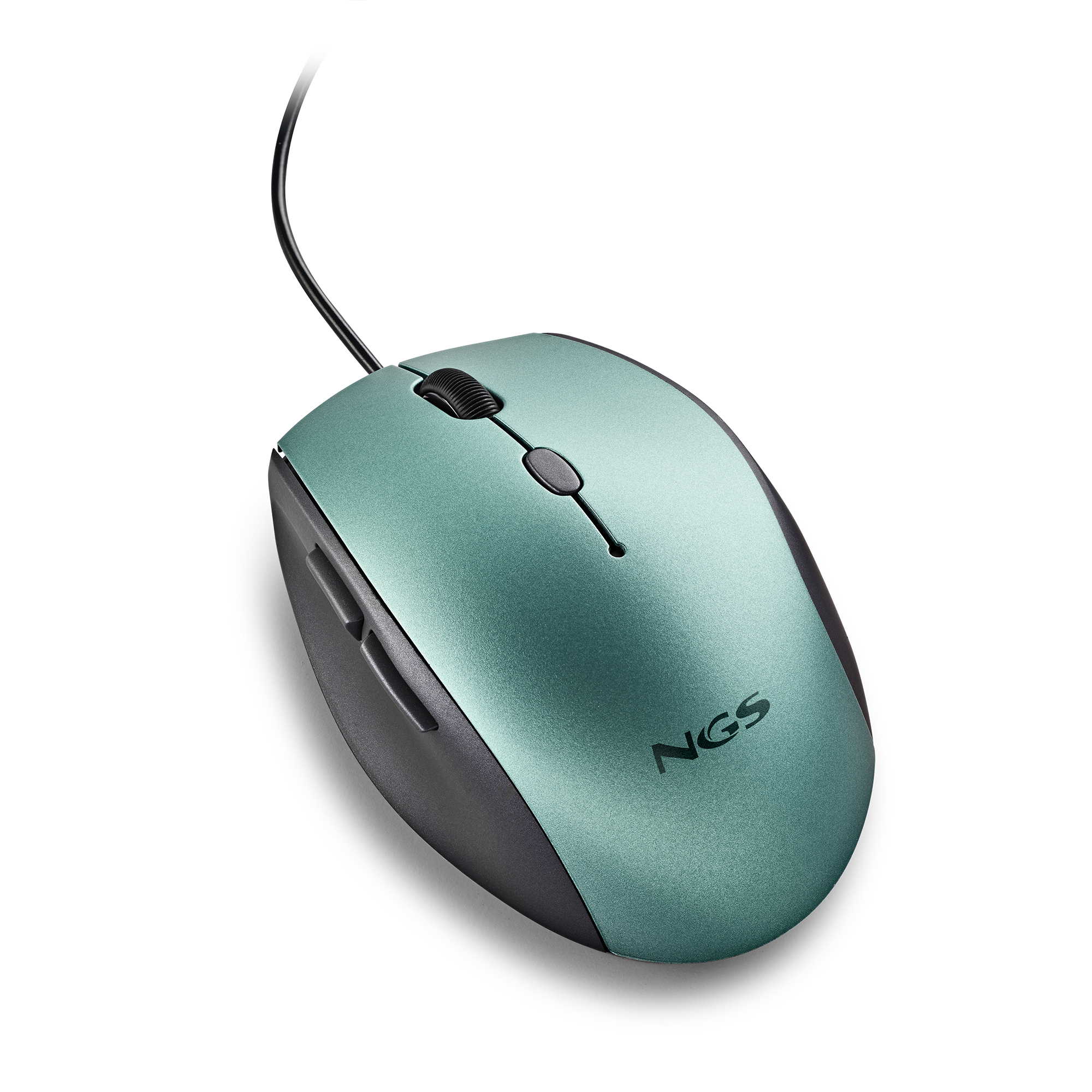 Grüne und graue Computermaus mit NGS-Logo und schwarzem Kabel.
