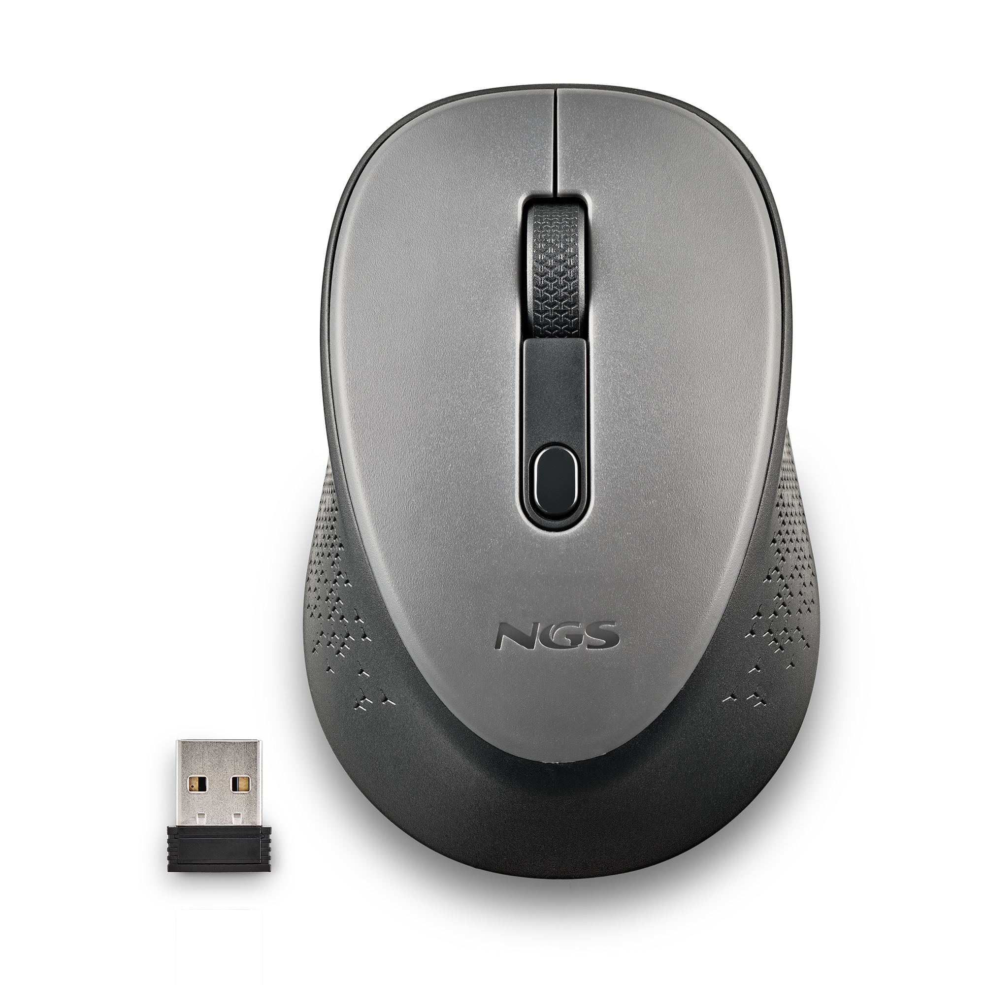 Graue kabellose Maus mit USB-Empfänger auf weißem Hintergrund.