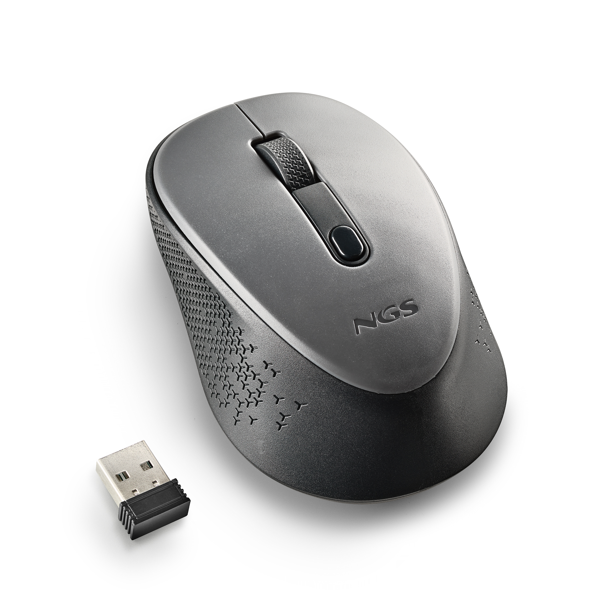Graue kabellose Maus mit einem USB-Empfänger daneben.