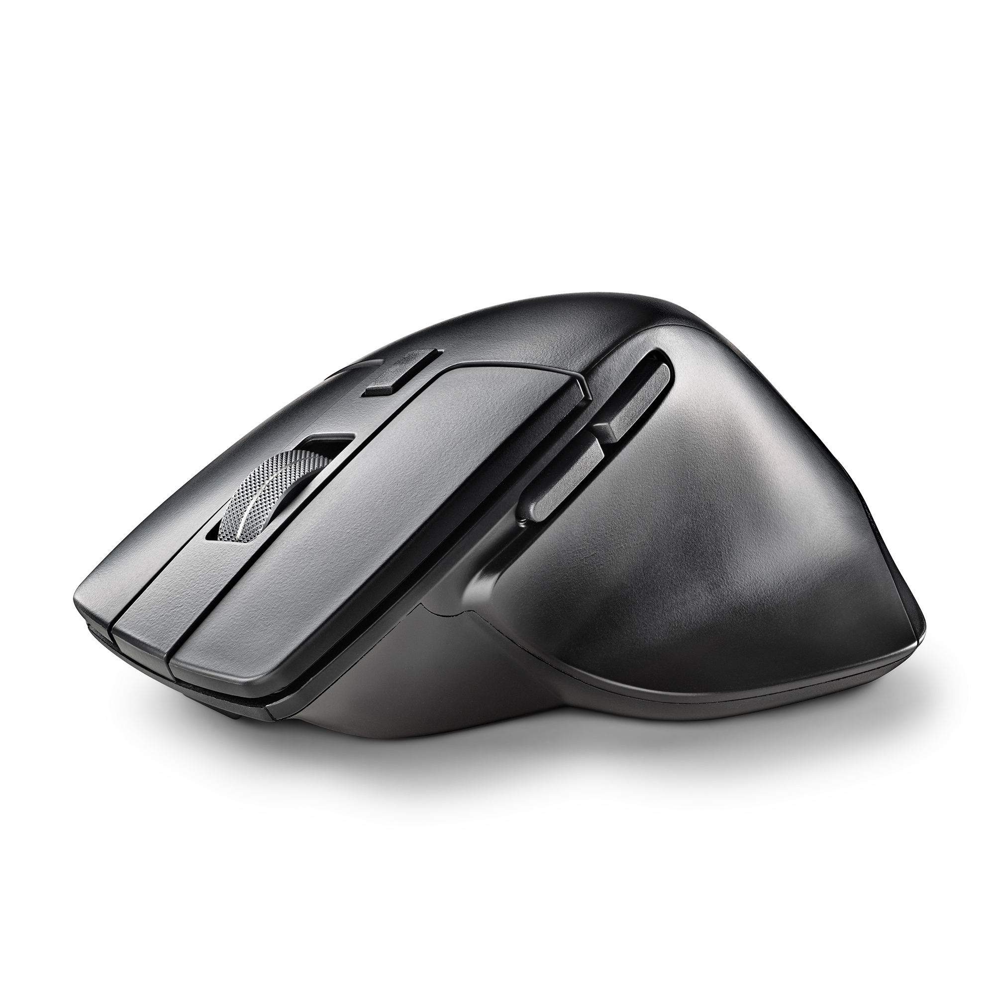 Ratón ergonómico negro. Tiene varios botones y una rueda de desplazamiento.