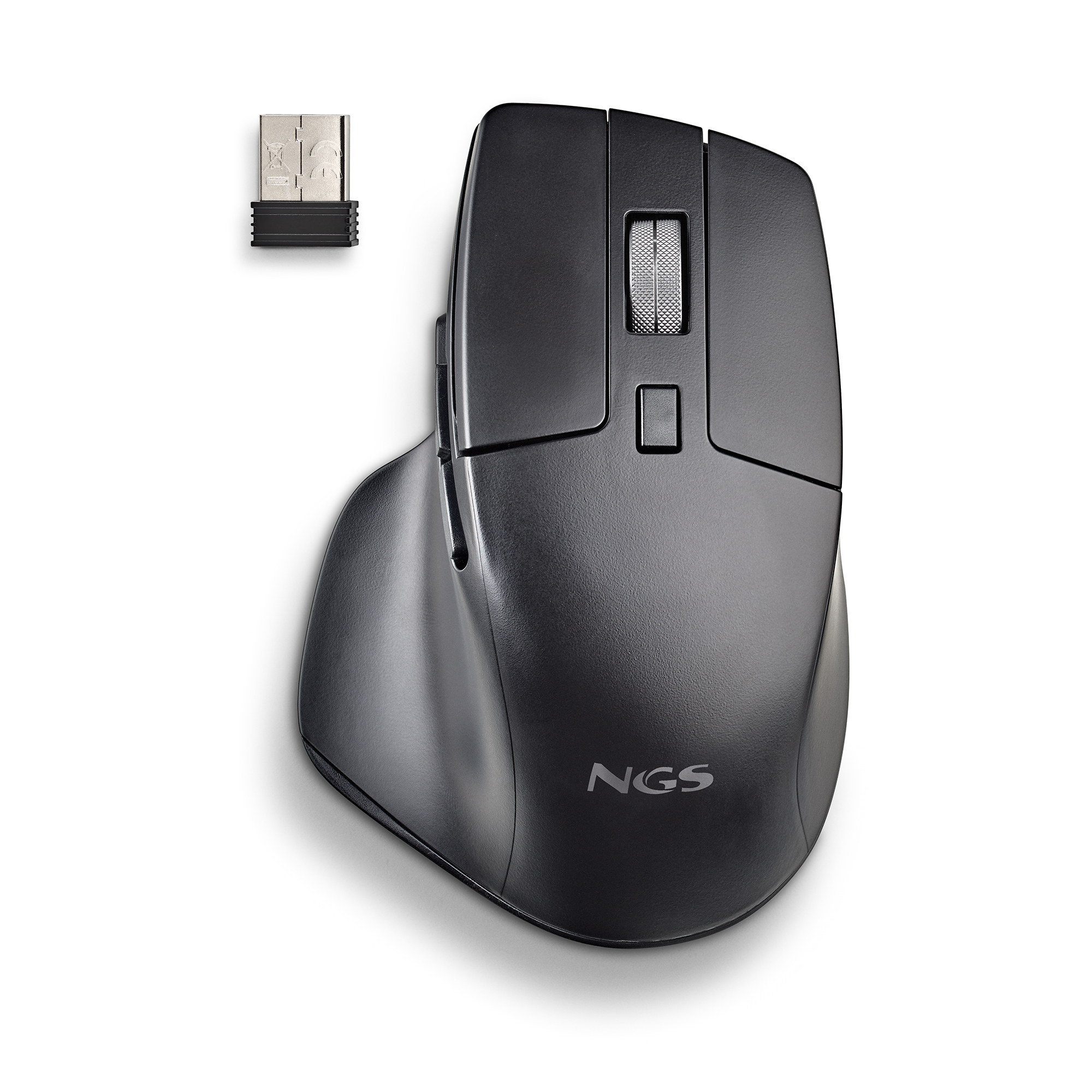 Un ratón inalámbrico negro con un receptor USB. Tiene un diseño curvo para uso ergonómico.