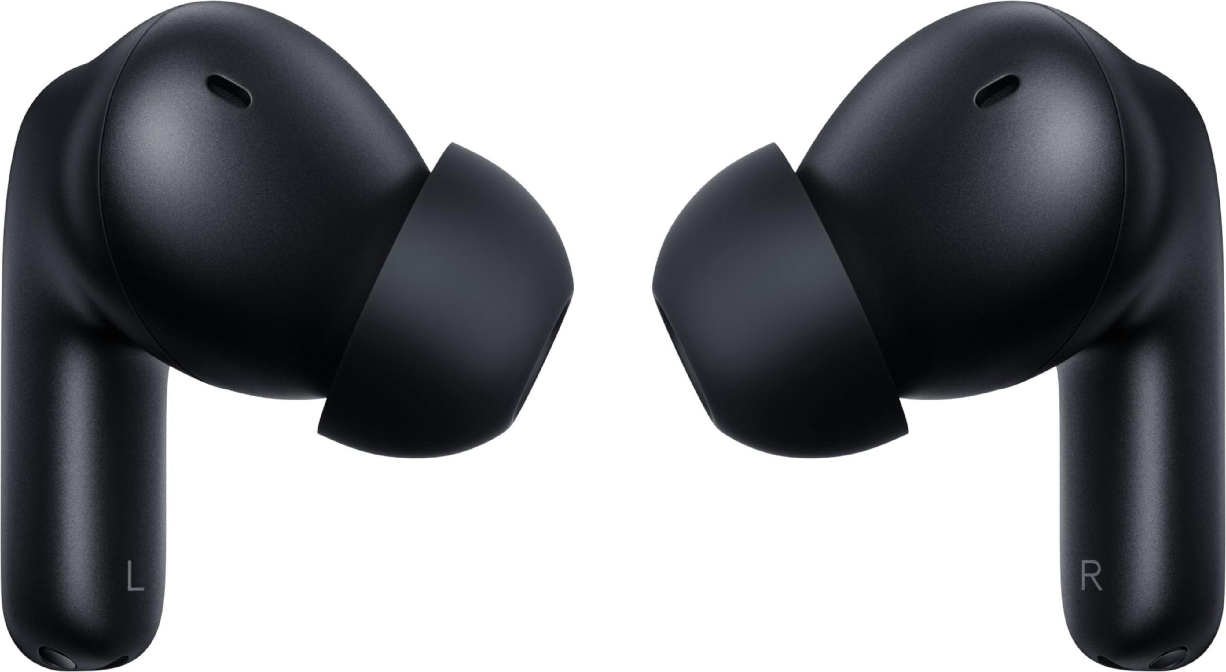 Dwa czarne słuchawki, z oznaczeniami 'L' i 'R' dla lewego i prawego ucha.