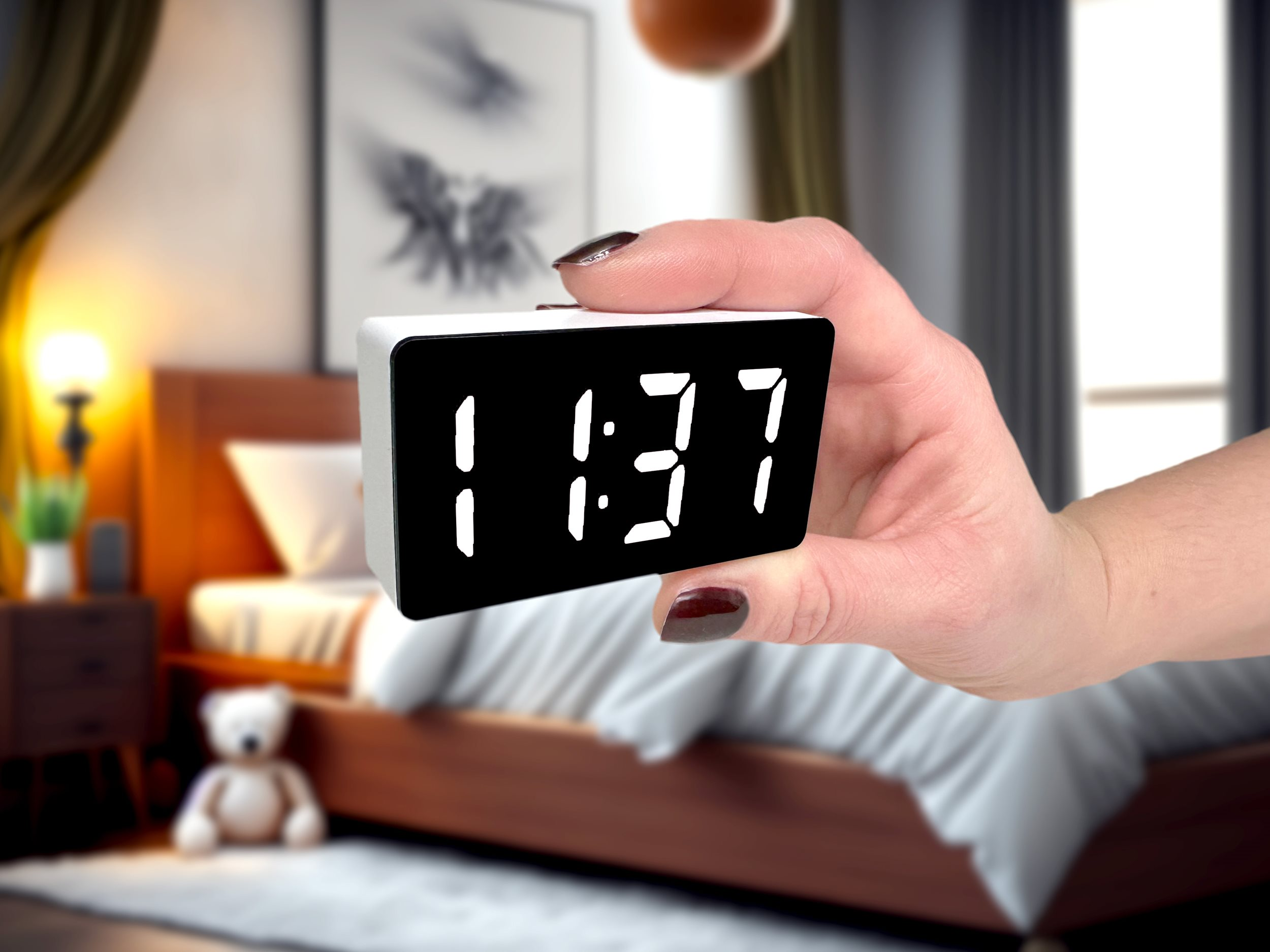 Hand, die einen digitalen Wecker mit 11:37 hält. Schlafzimmer mit Bett und Nachttisch im Hintergrund.