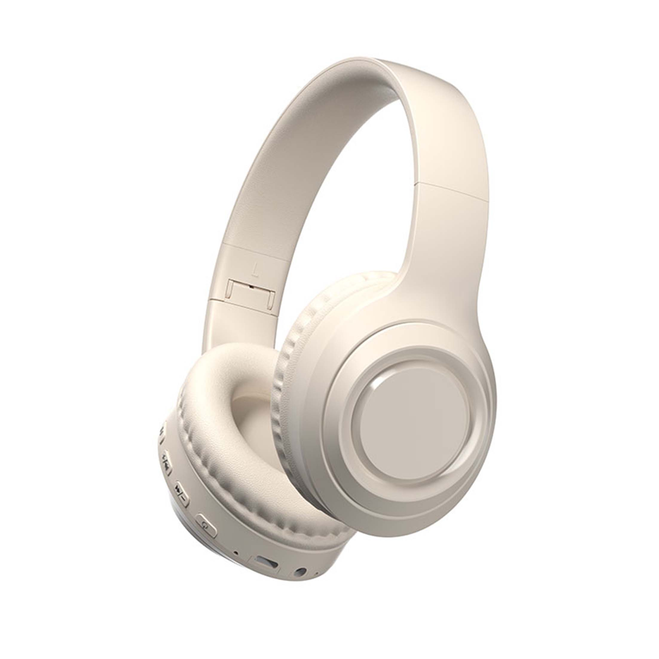 Białe słuchawki na białym tle. Są lekko pochylone w lewo.