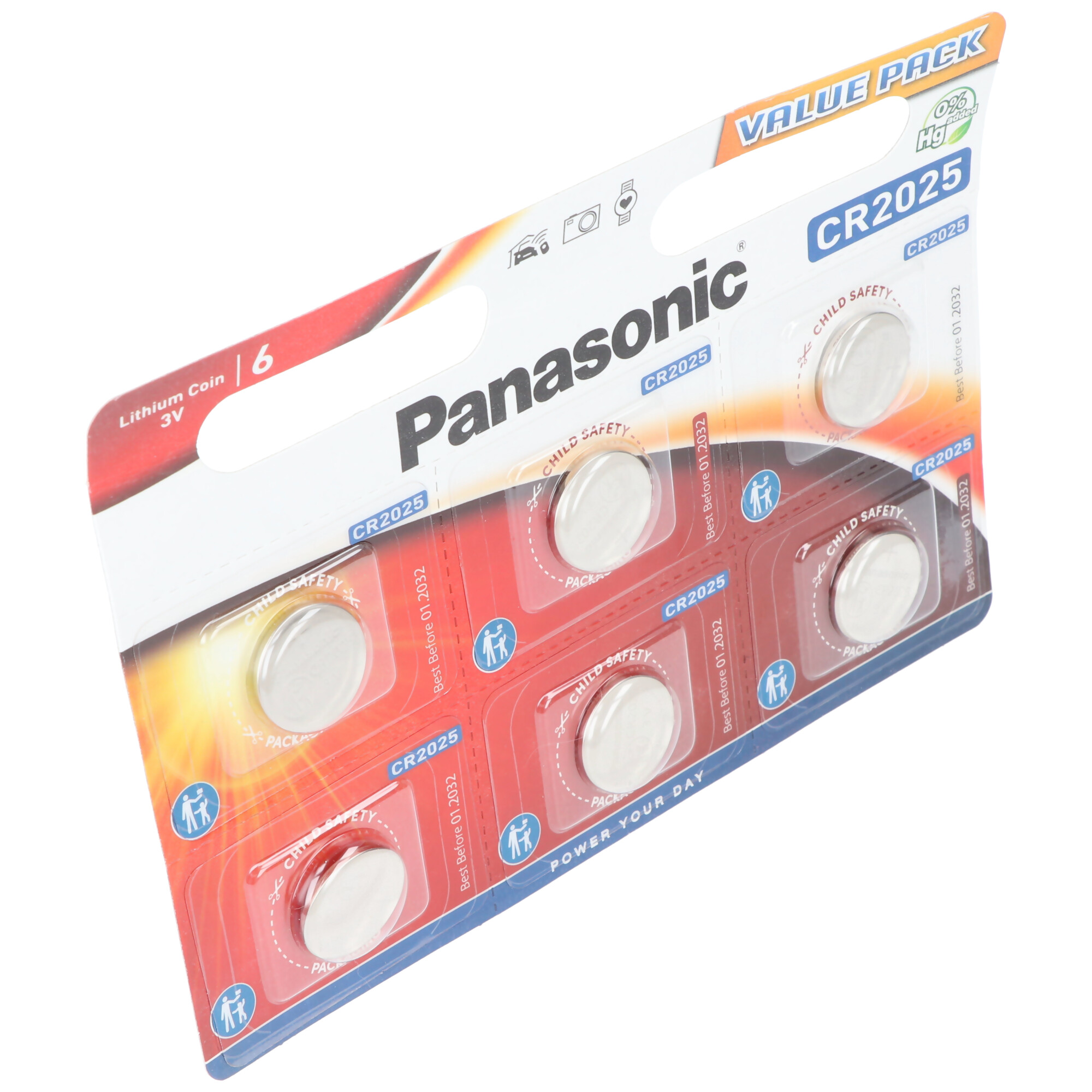 Una confezione di batterie a bottone al litio Panasonic CR2025, con 6 batterie visibili.