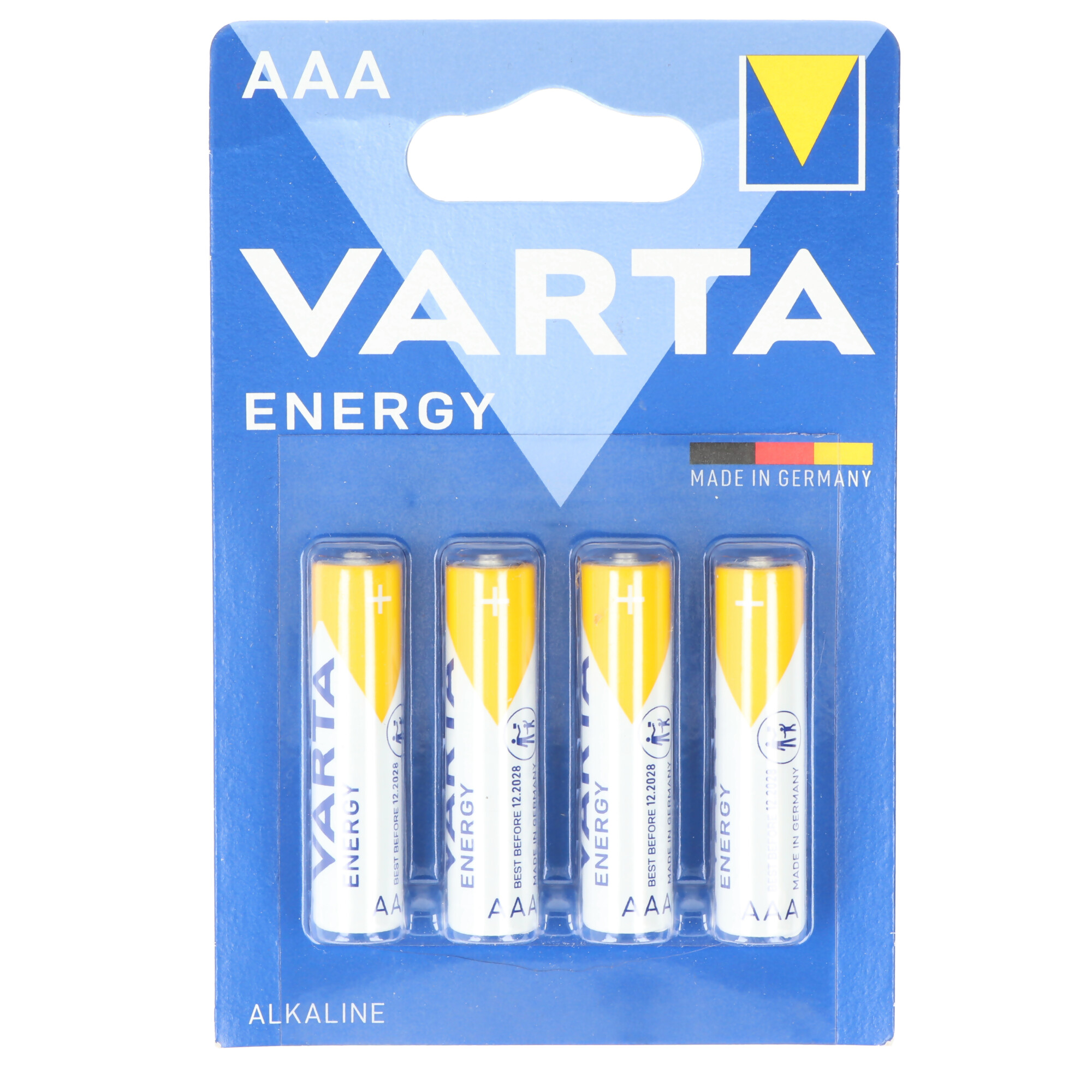 Un blister di quattro batterie Varta Energy AAA. La confezione è blu e bianca con batterie gialle.