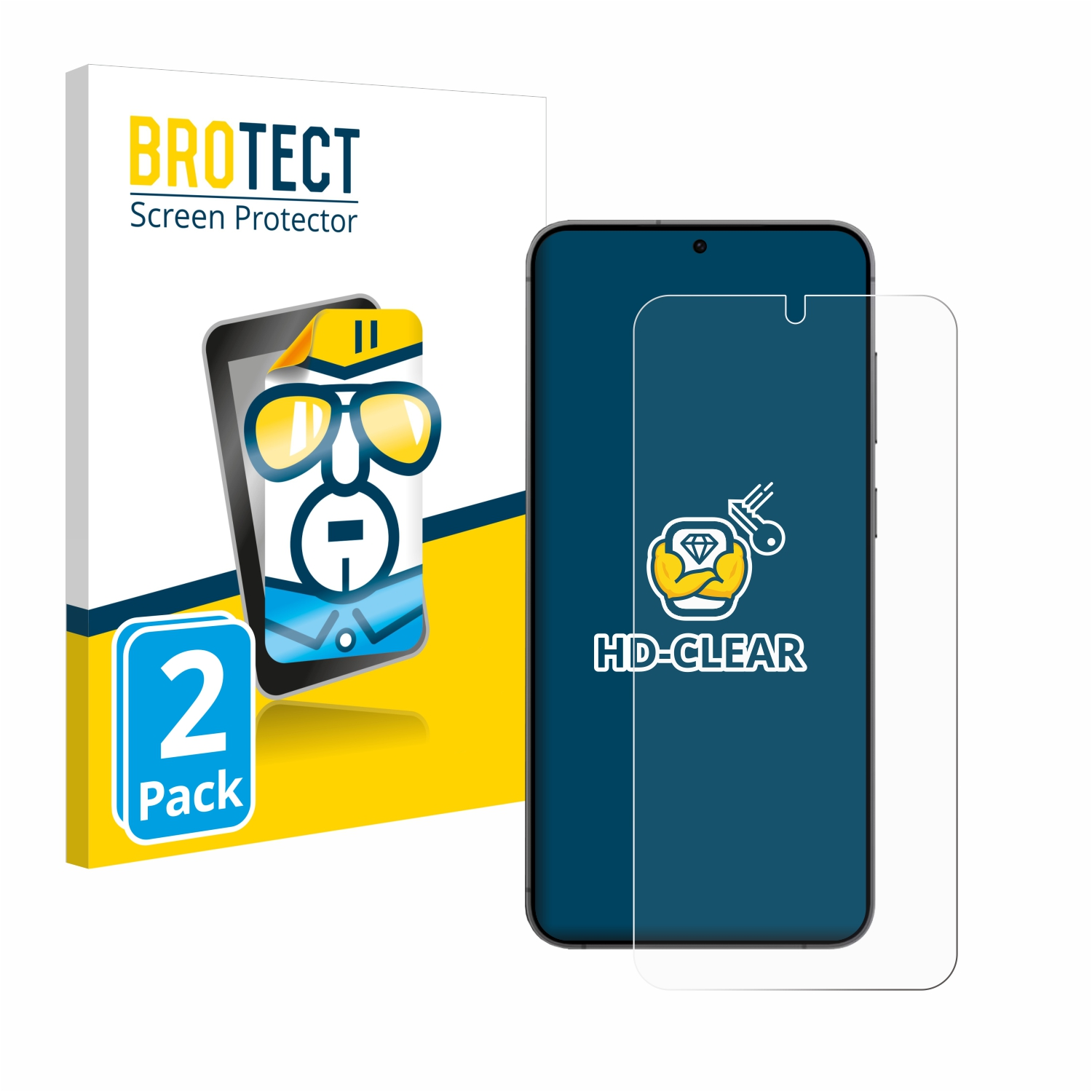 Ein Telefon mit Displayschutzfolie und einer Box, alle mit 'BROTECT' und 'HD-Clear' beschriftet.