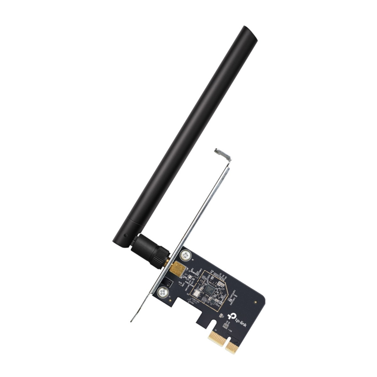 Eine schwarze TP-Link Wi-Fi-Karte mit Antenne, mit einem Schwarz-Silber-Farbschema. Sie befindet sich auf weißem Hintergrund.
