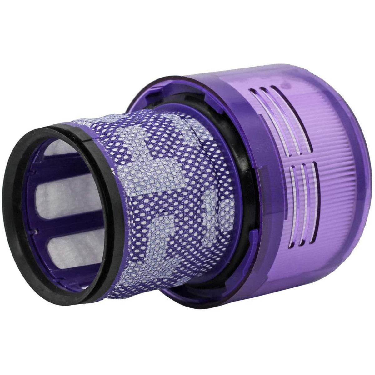 Fioletowy filtr do odkurzacza z białym, wzorzystym wnętrzem. Ma czarne i fioletowe akcenty.