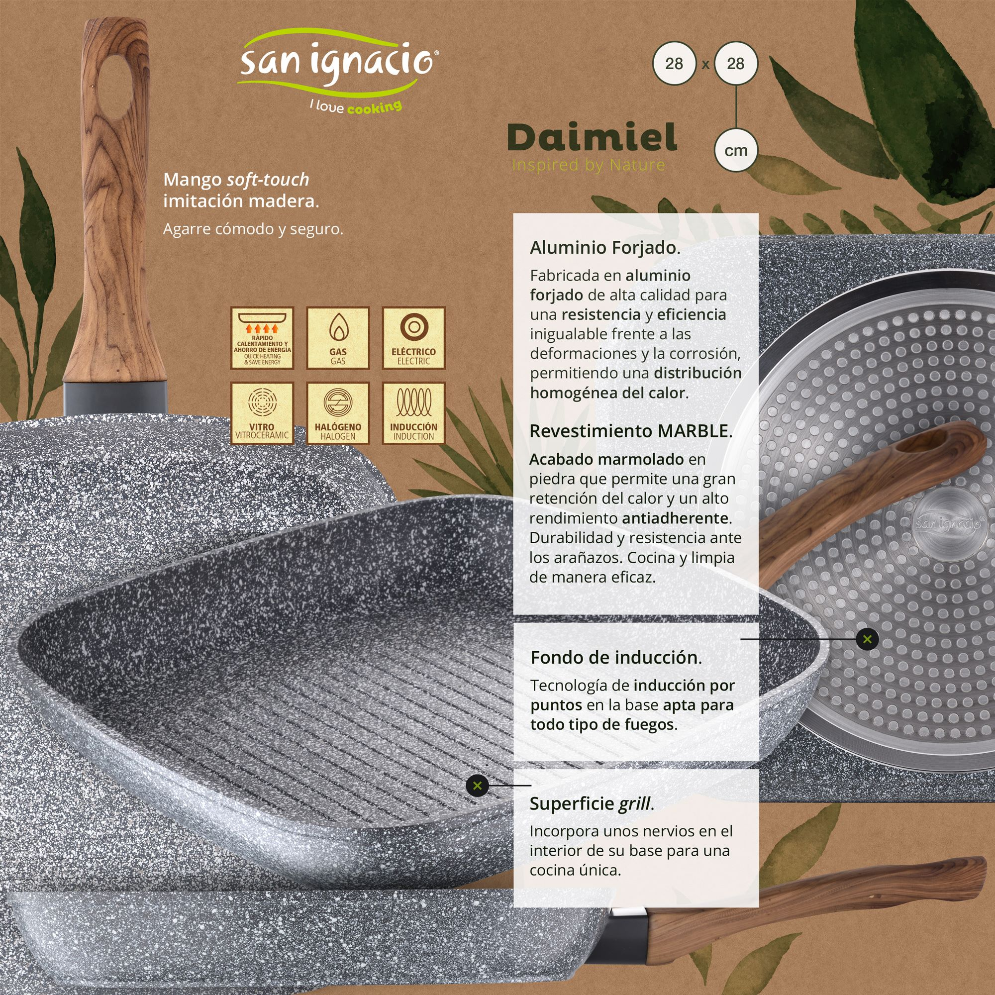 Cartel promocional de sartén grill San Ignacio con mango de madera, revestimiento de mármol y base de inducción.