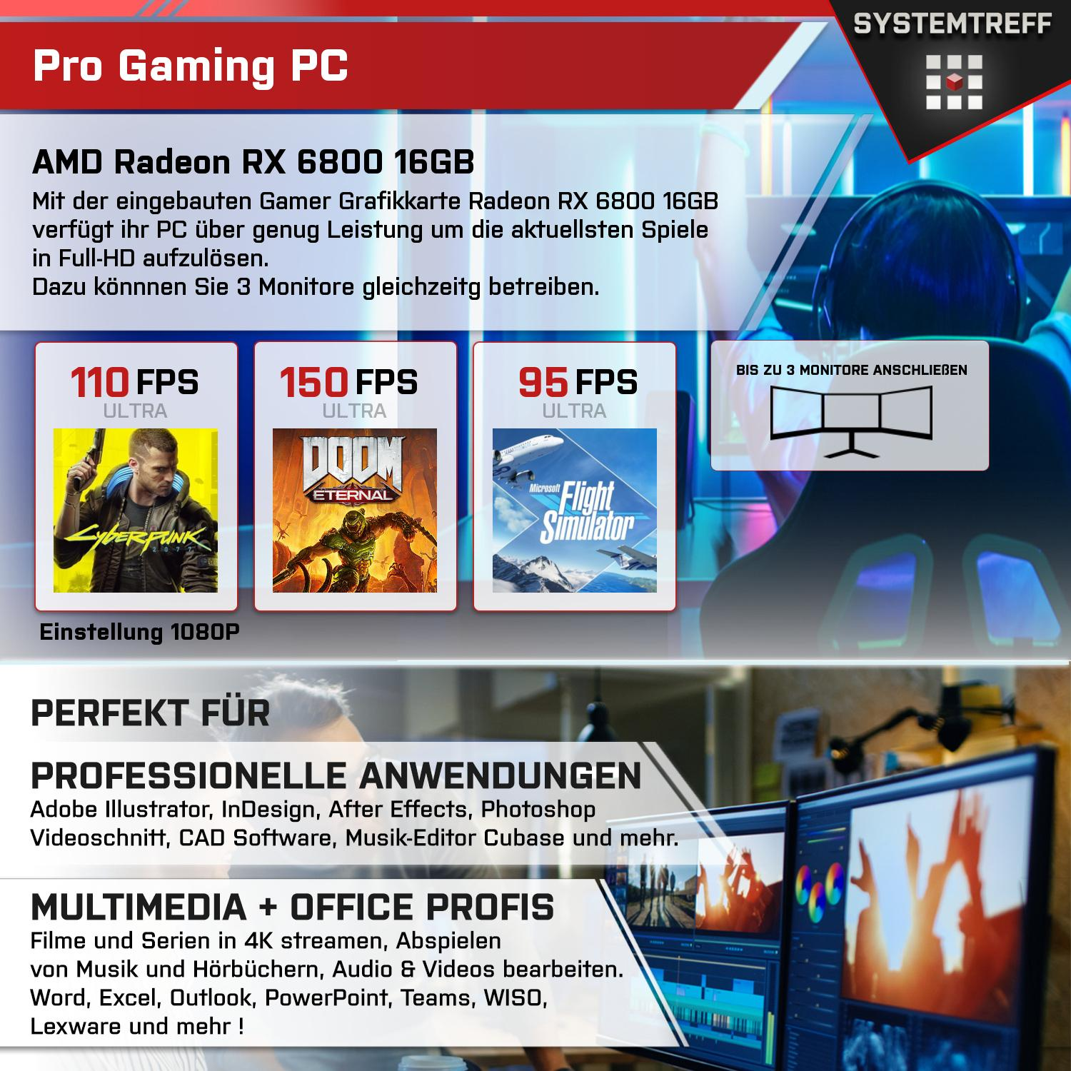 SYSTEMTREFF Gaming Komplett AMD mit Prozessor, 16GB mSSD, 6800 7 RX 7700X GDDR6, 7700X, GB 32 GB AMD RAM, 1000 PC Ryzen 16 GB Radeon Komplett