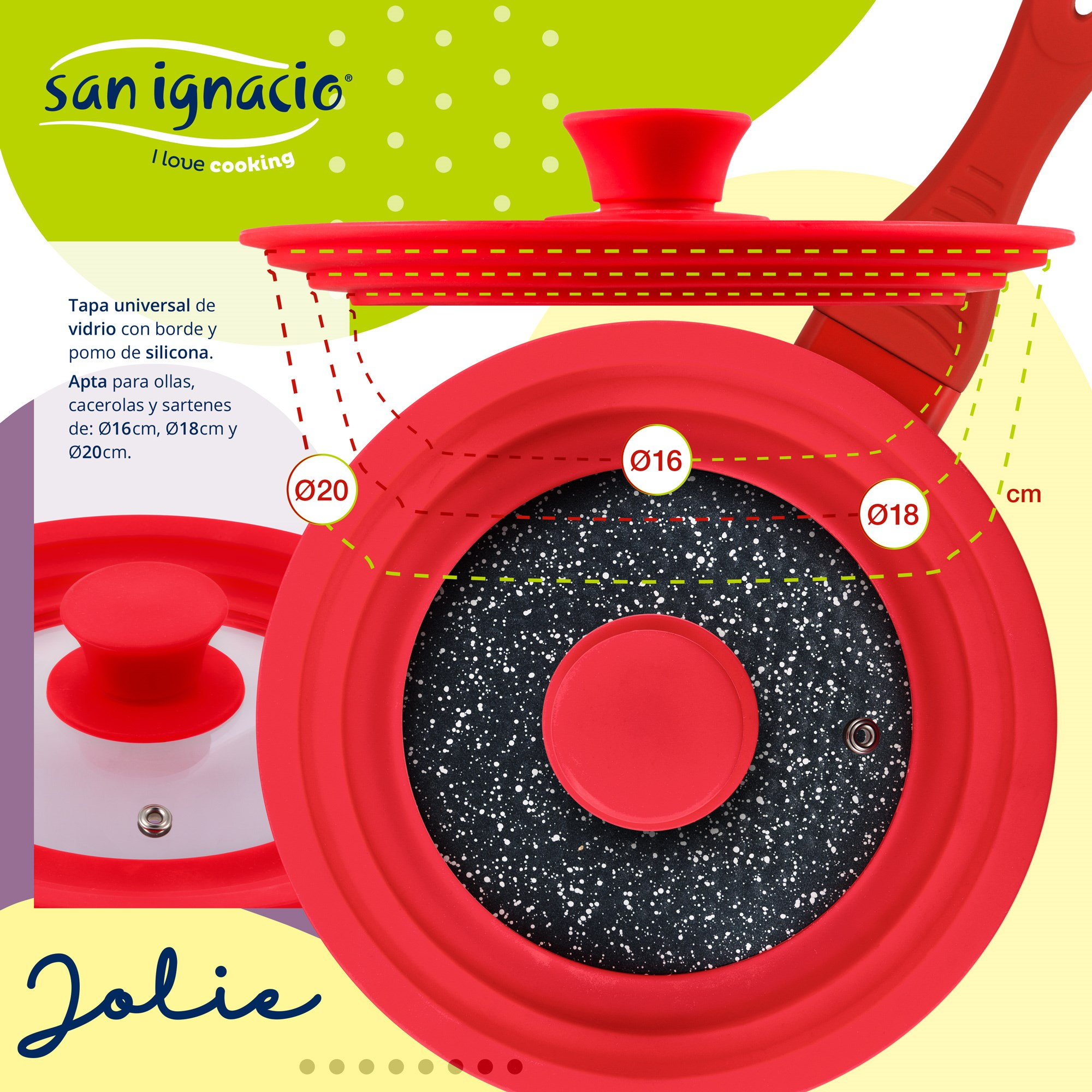 Tapa silicona roja con centro de vidrio y mango para ollas 16-20cm.