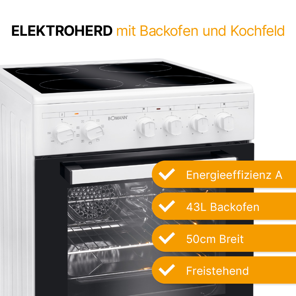 Ein weißer Herd mit einem schwarzen Kochfeld. Das Bild hebt Funktionen wie Energieeffizienz und Größe hervor.