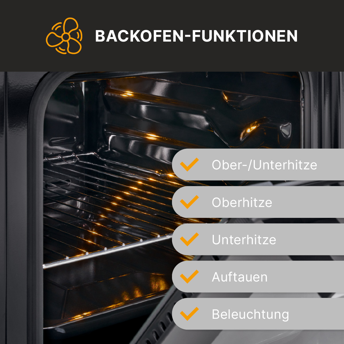 Backofen-Funktionen Grafik. Zeigt Optionen für Oberhitze, Unterhitze, Auftauen und Beleuchtung.