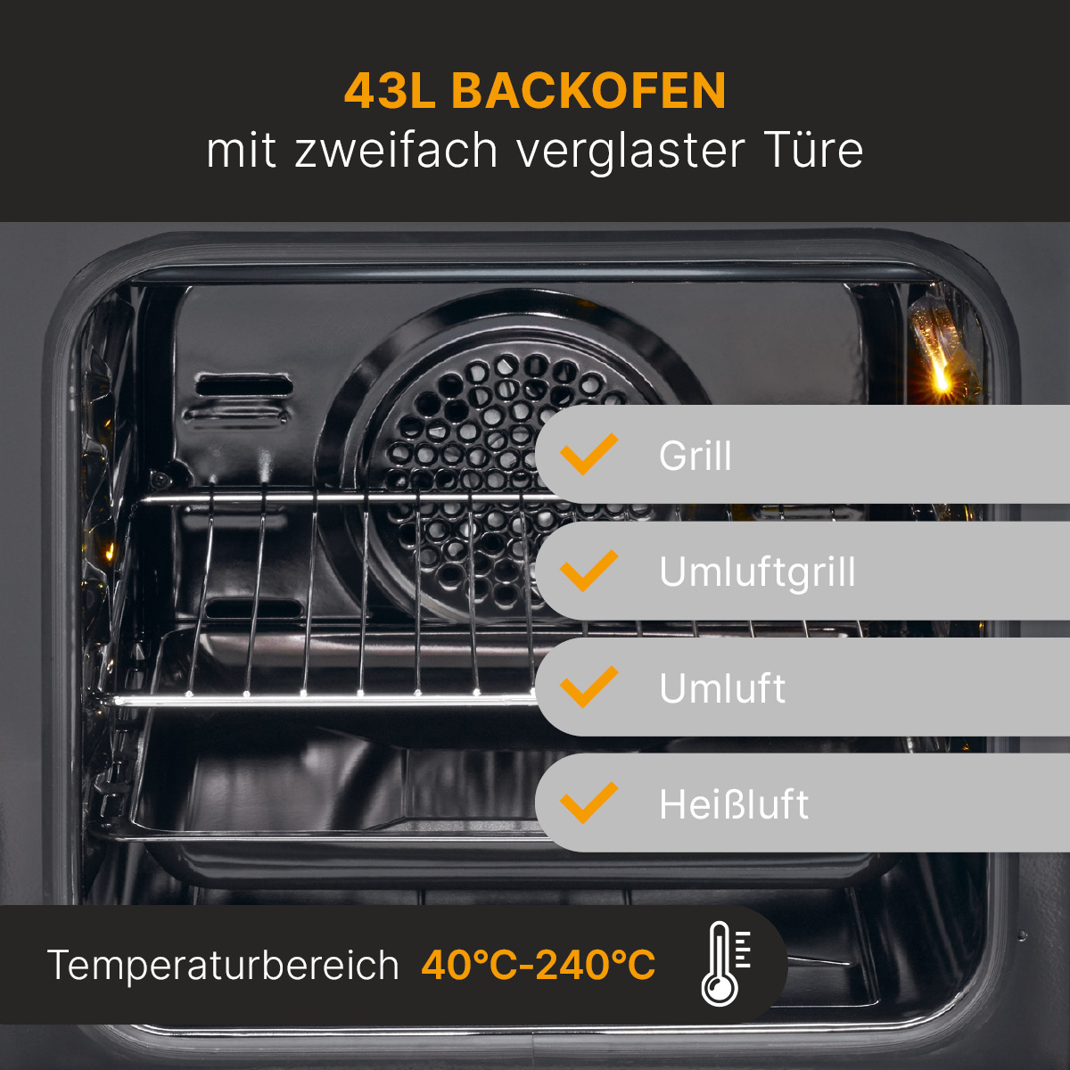 Backofeninnenraum mit Grill-, Umluftgrill-, Umluft- und Heißluftmodi.