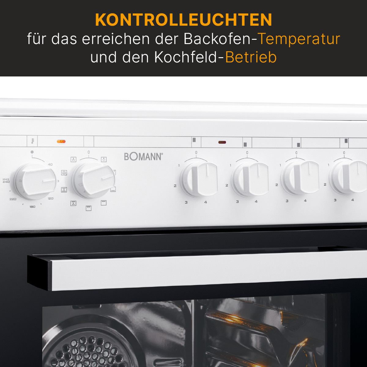 Ein weißes Bedienfeld eines Ofens mit Drehknöpfen und Tasten. Der Text „BOMANN“ ist sichtbar, und Etiketten sind vorhanden.