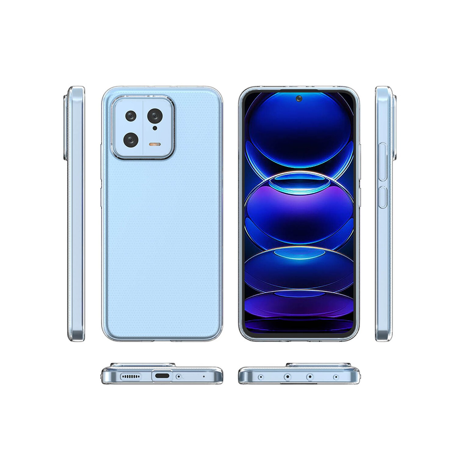 Un telefono azzurro con più viste. Il telefono è racchiuso in una cover protettiva trasparente.