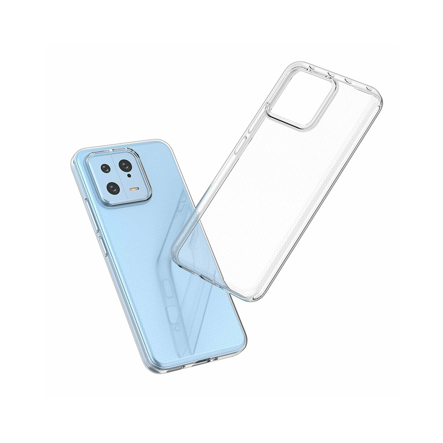 Custodia trasparente e telefono. Il telefono è azzurro.
