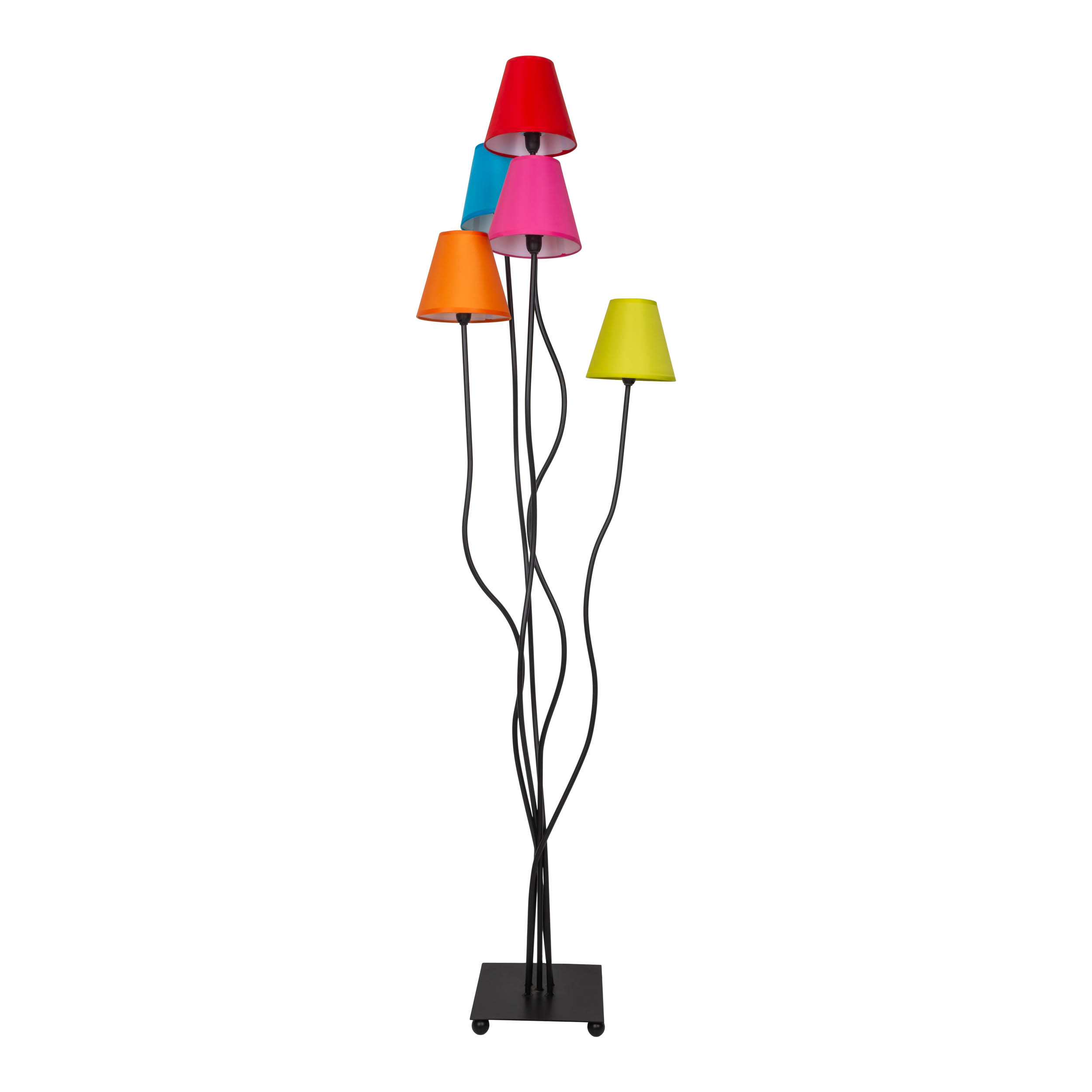 Stehlampe mit schwarzem Stamm und fünf bunten Lampenschirmen.
