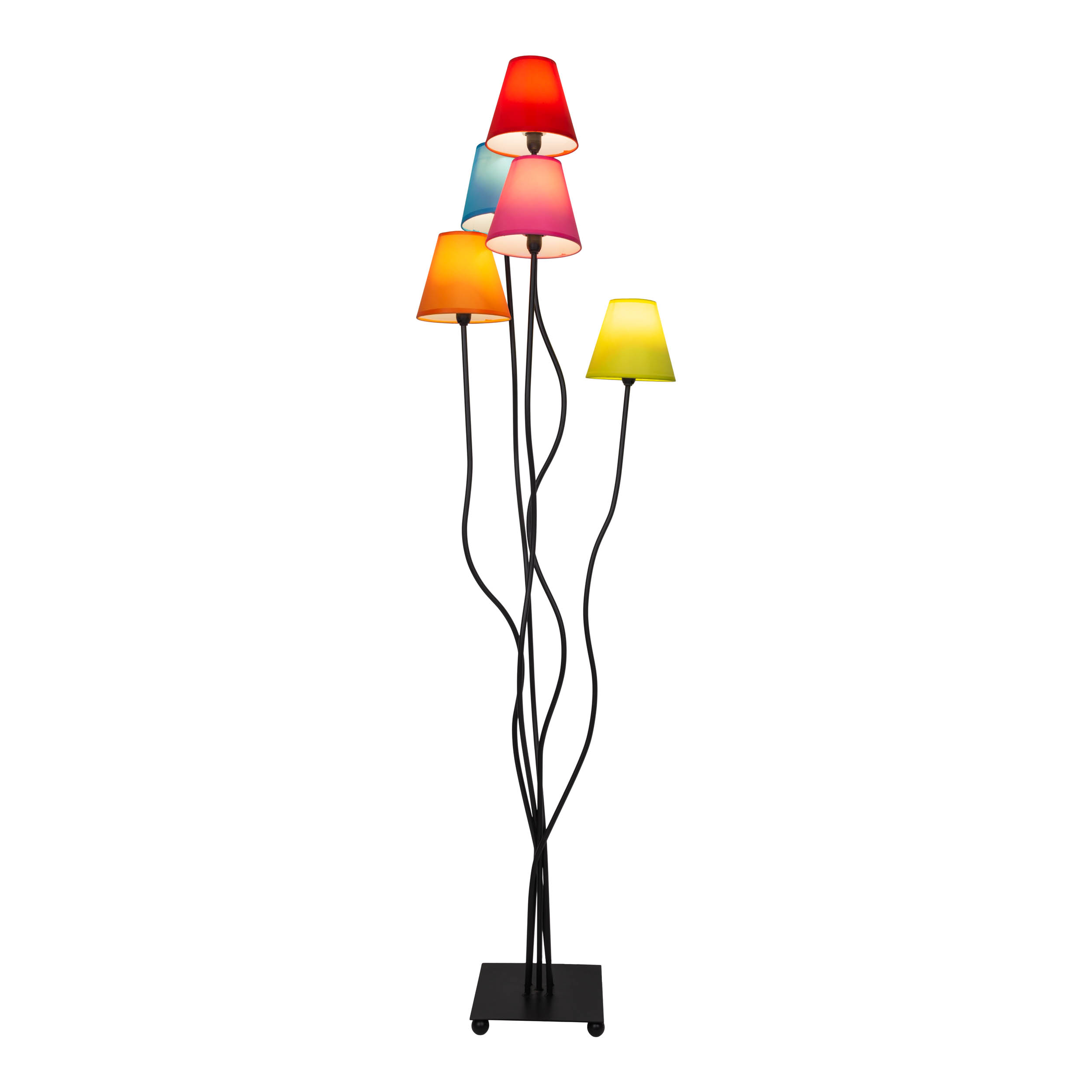 Stehlampe mit fünf bunten Schirmen. Schwarzer Sockel und Stiele. Weißer Hintergrund.