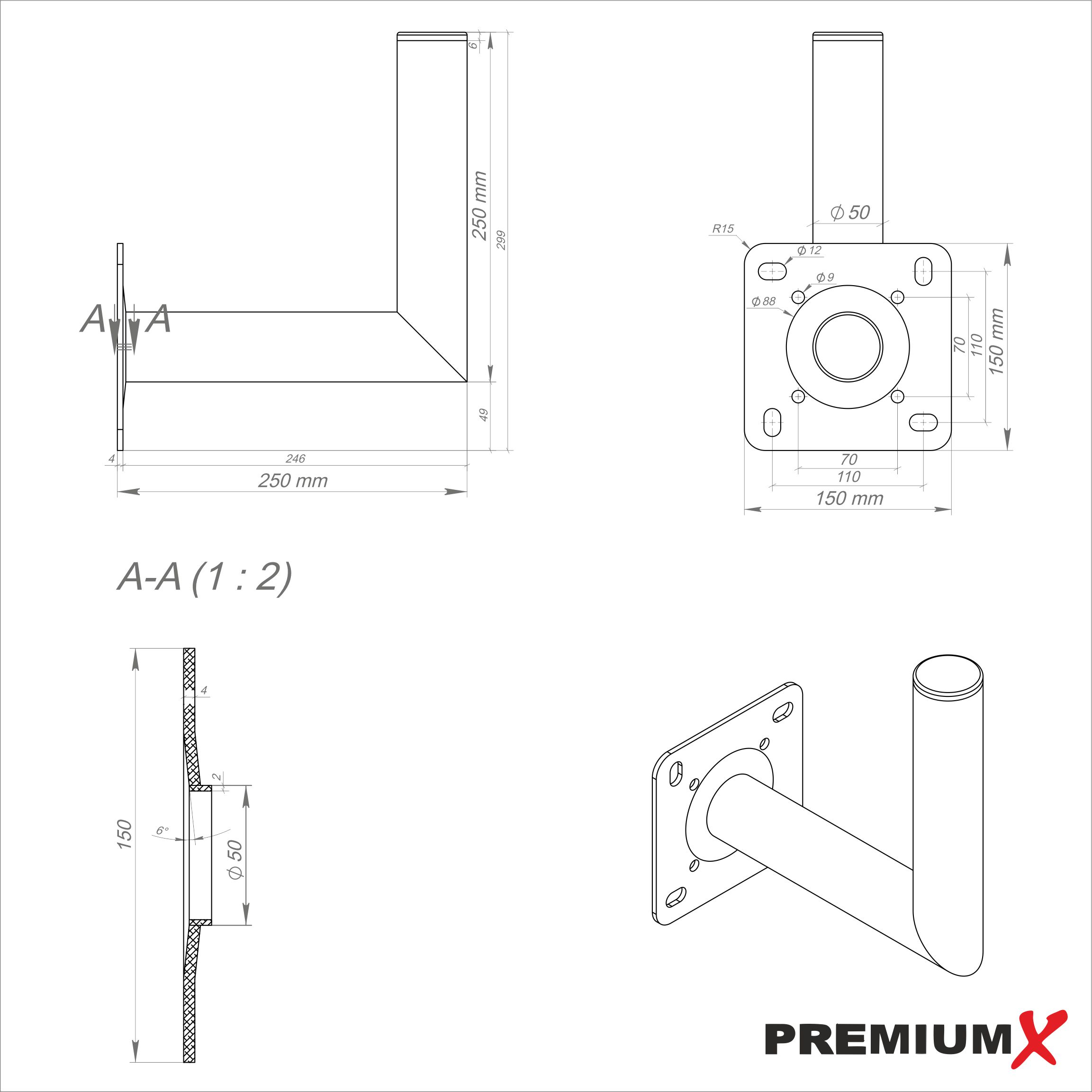 Technische Zeichnungen einer Metallhalterung. Enthält Abmessungen und verschiedene Ansichten.