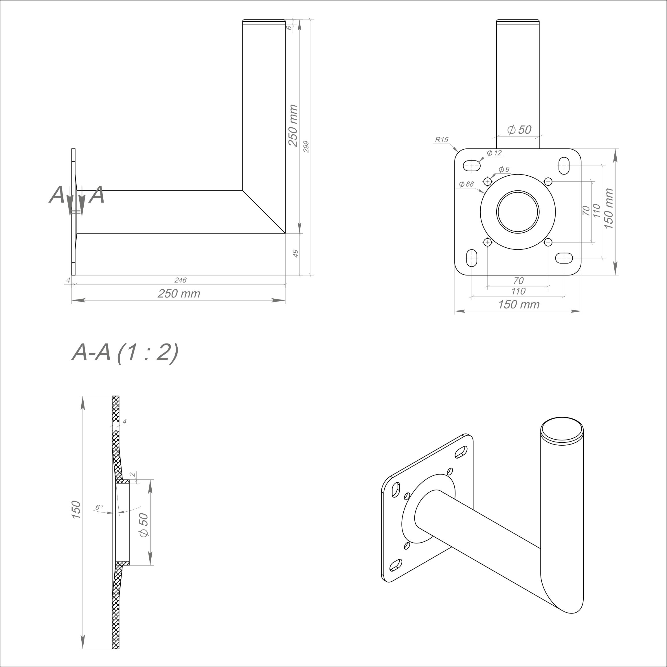 Technische Zeichnung, die eine Metallhalterung zeigt. Enthält Abmessungen und eine Schnittansicht. Detail der Montageplatte.
