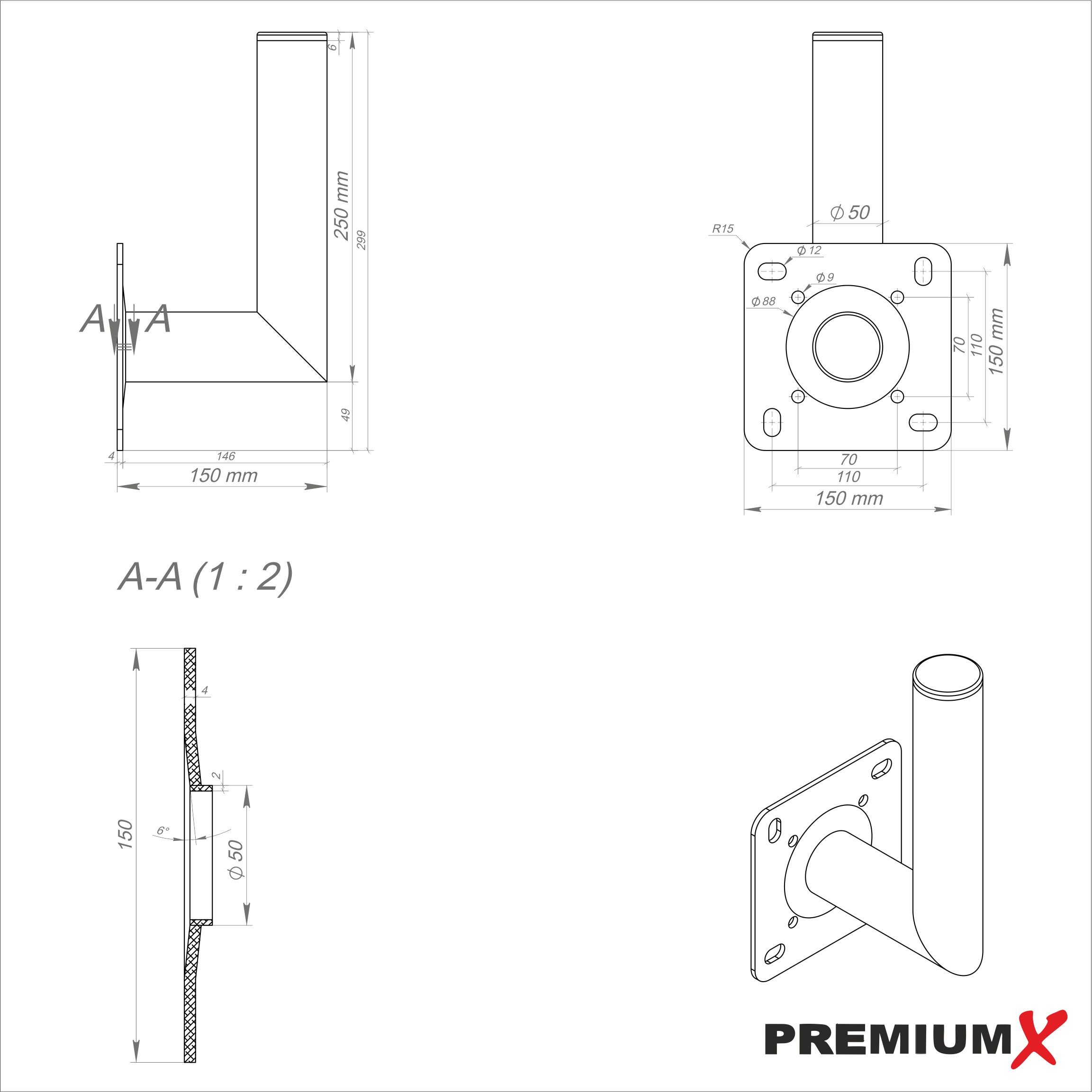 Technische Zeichnung einer Metallhalterung mit Abmessungen und Messungen. Weißer Hintergrund.