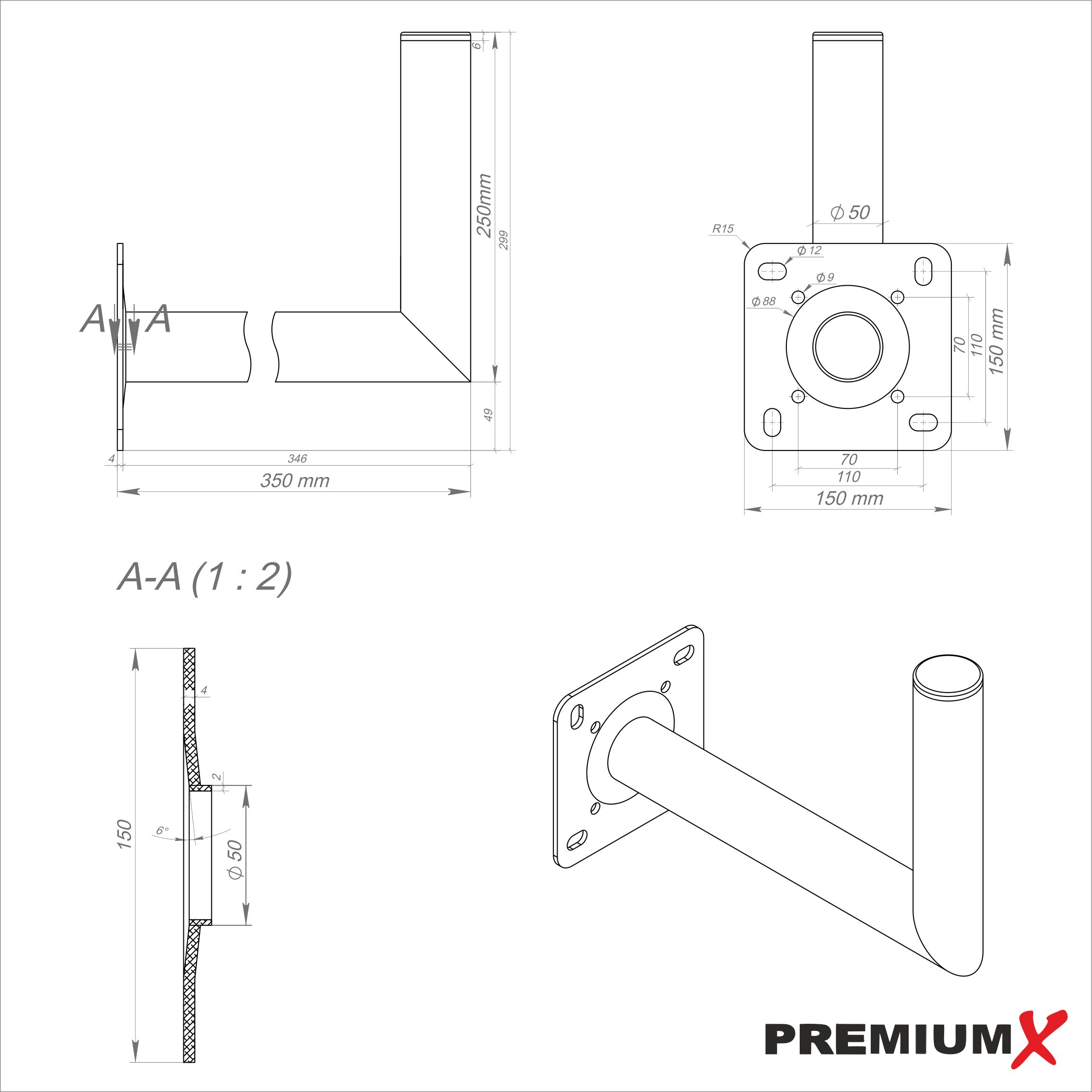 Technische Zeichnungen mit Abmessungen einer Metallhalterung zur Montage, mit rechtwinkligem Design.