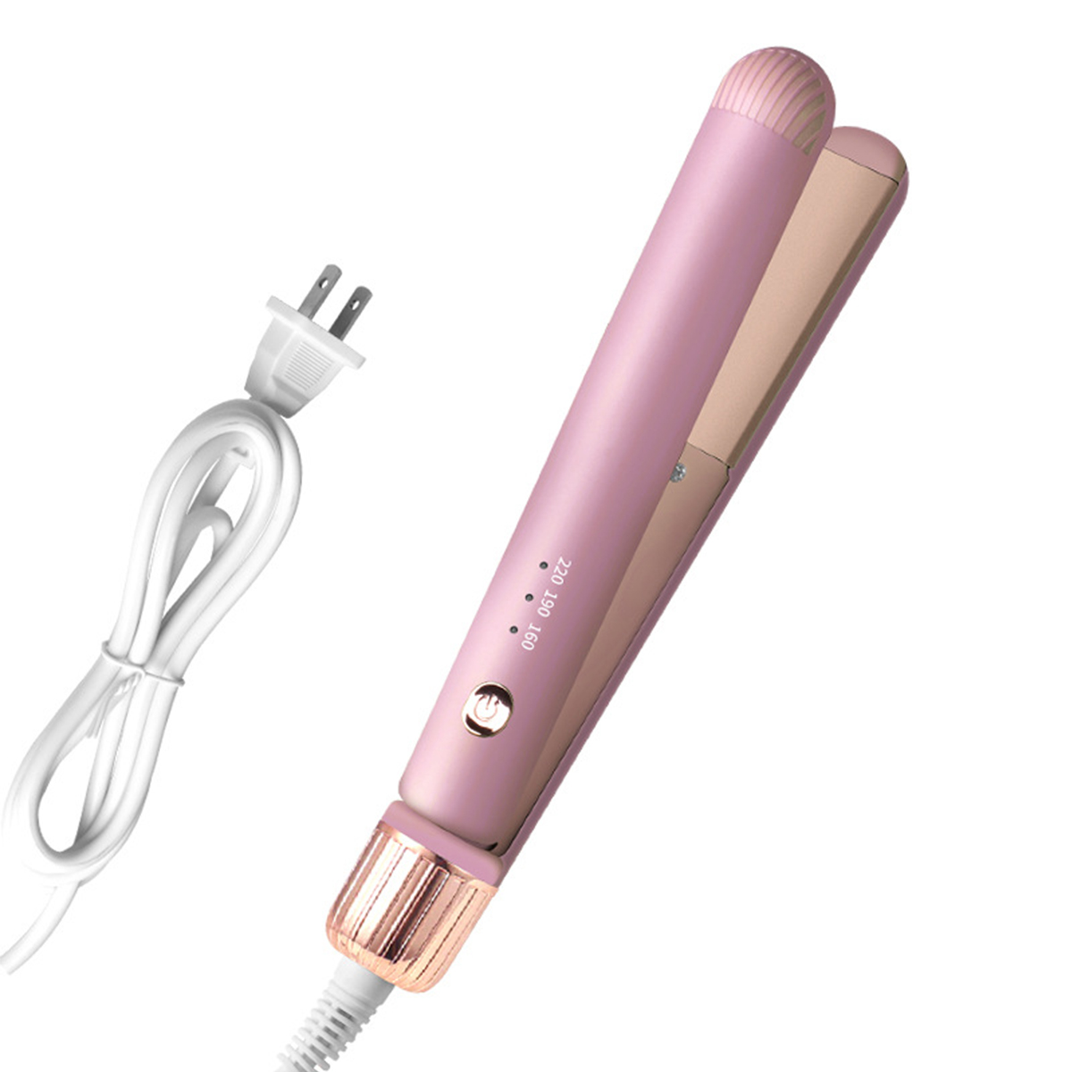 Rosa Haarglätter mit Kabel auf weißem Hintergrund. Hat Knöpfe und goldene Akzente.