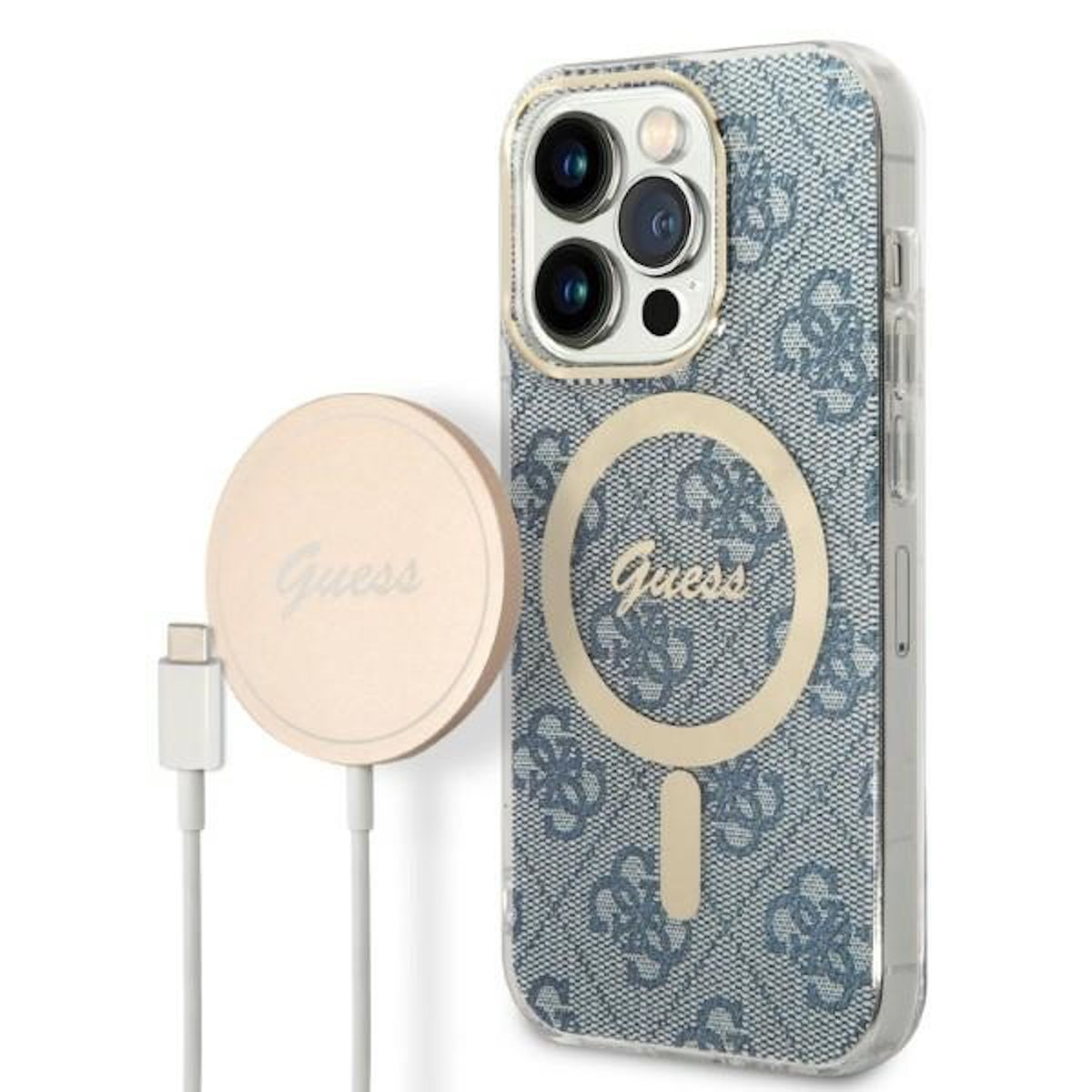 Telefono con custodia e caricatore. Il telefono ha un logo Guess, anche il caricatore ha un logo Guess.