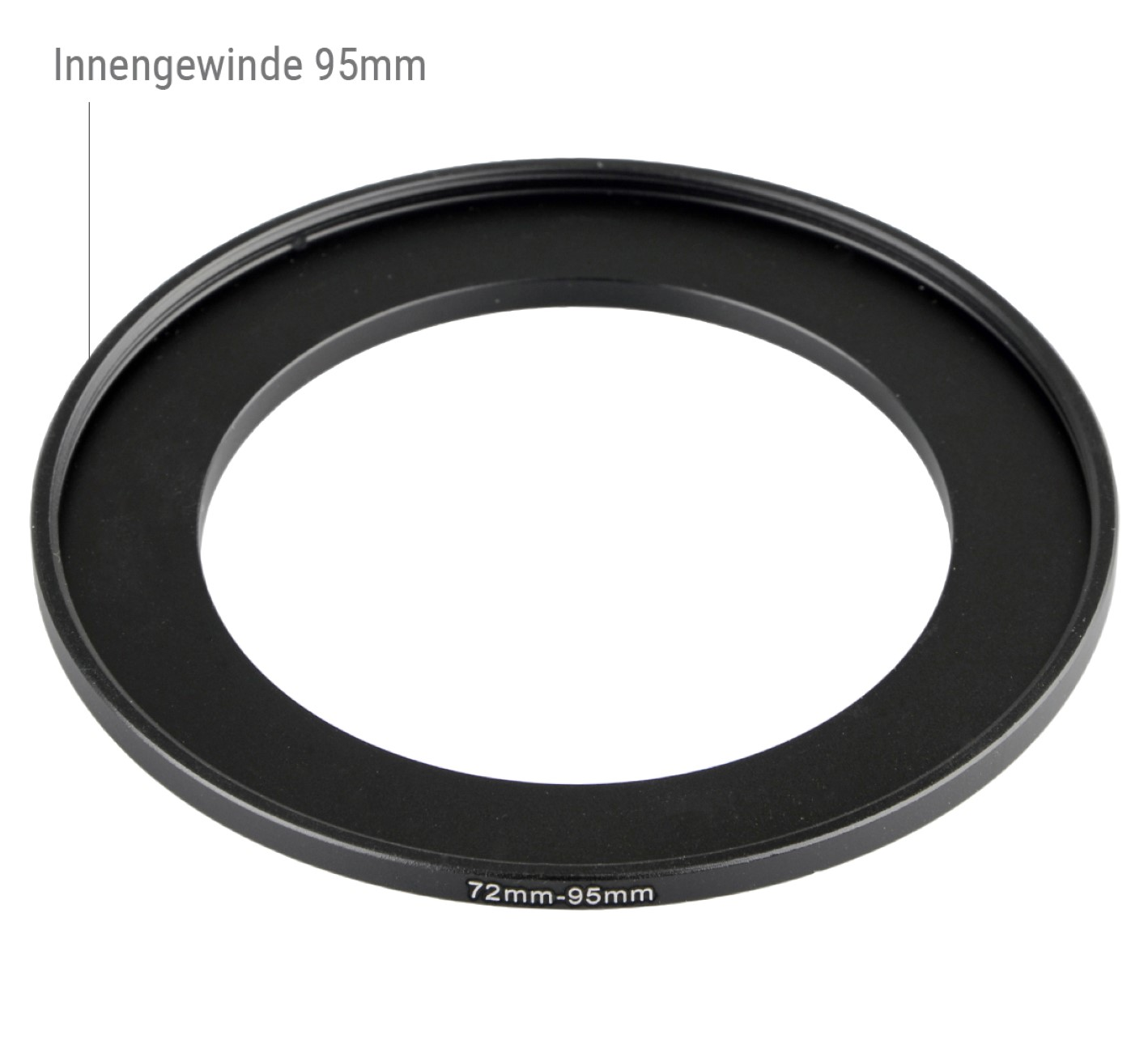 Schwarzer Metallring mit der Aufschrift 72mm-95mm. Der Ring trägt den Text: Innengewinde 95mm.