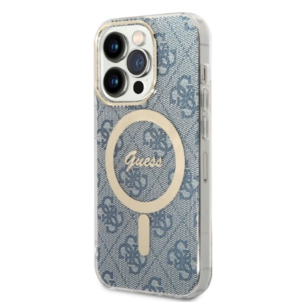 Custodia per telefono con motivo logo Guess. Mostra un telefono dentro una custodia trasparente.