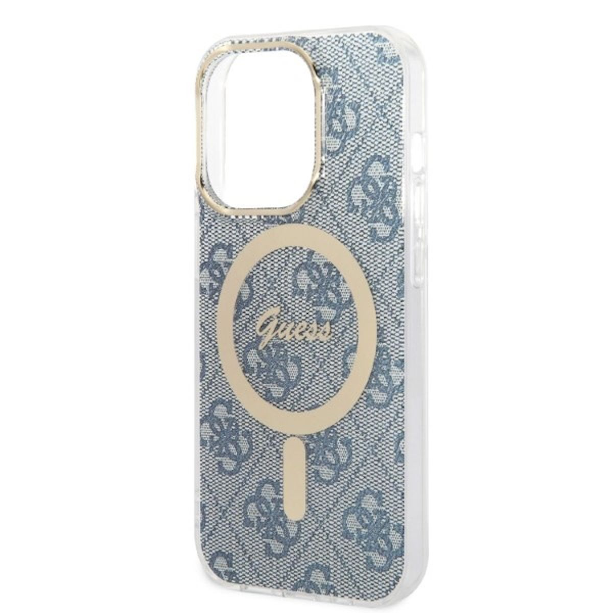 Una custodia per telefono con motivo denim e logo Guess.