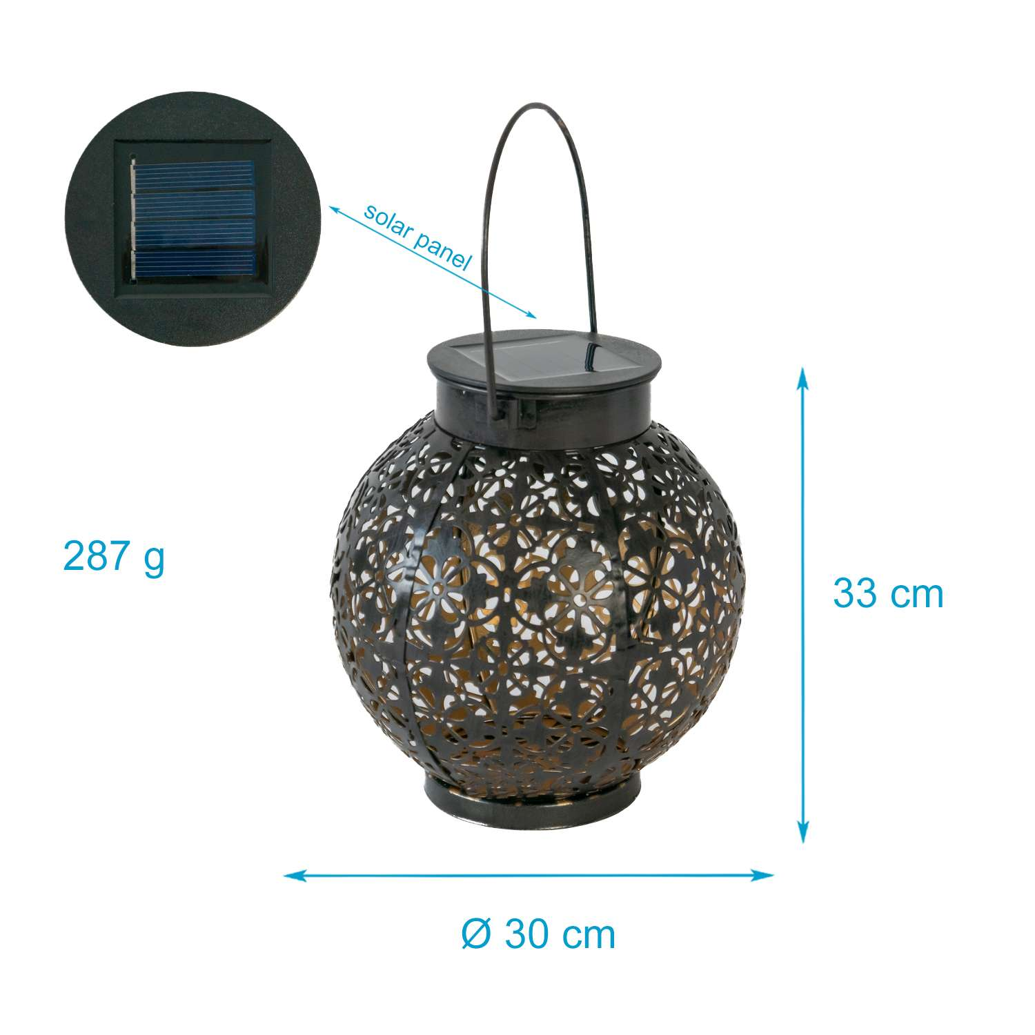 Schwarze Solar-Laterne mit Griff. Sie ist rund mit ausgeschnittenen Designs. Abmessungen sind angegeben.