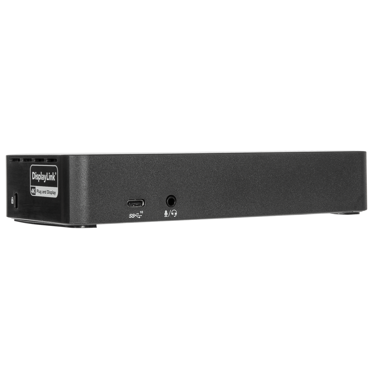 Schwarze USB-C-Dockingstation mit Anschlüssen und dem Label 'DisplayLink'. Schlankes Design.
