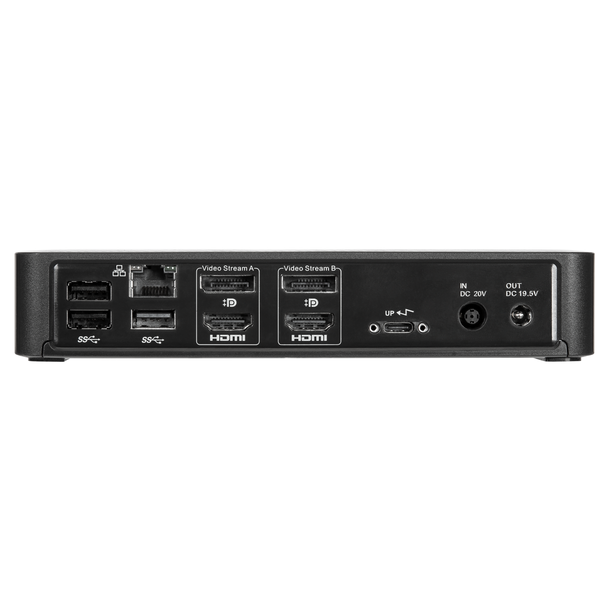Schwarzes Gerät mit HDMI-Anschlüssen und anderen Steckern. Rückansicht.