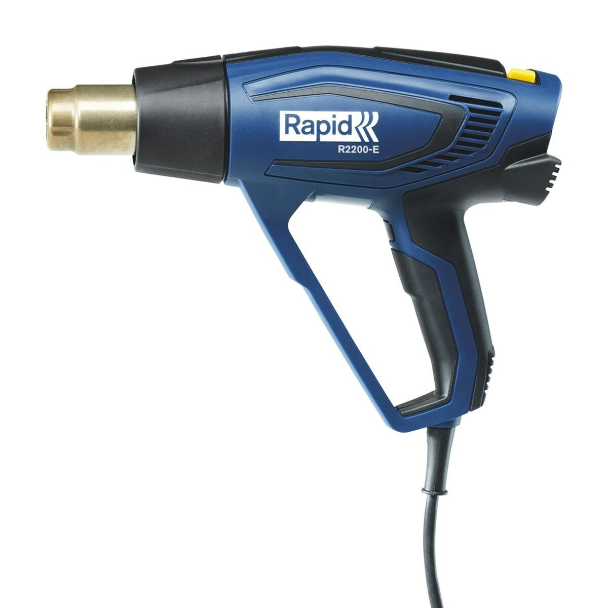 Eine blau-schwarze Heißluftpistole mit dem Markennamen "Rapid". Sie hat eine goldene Düse.